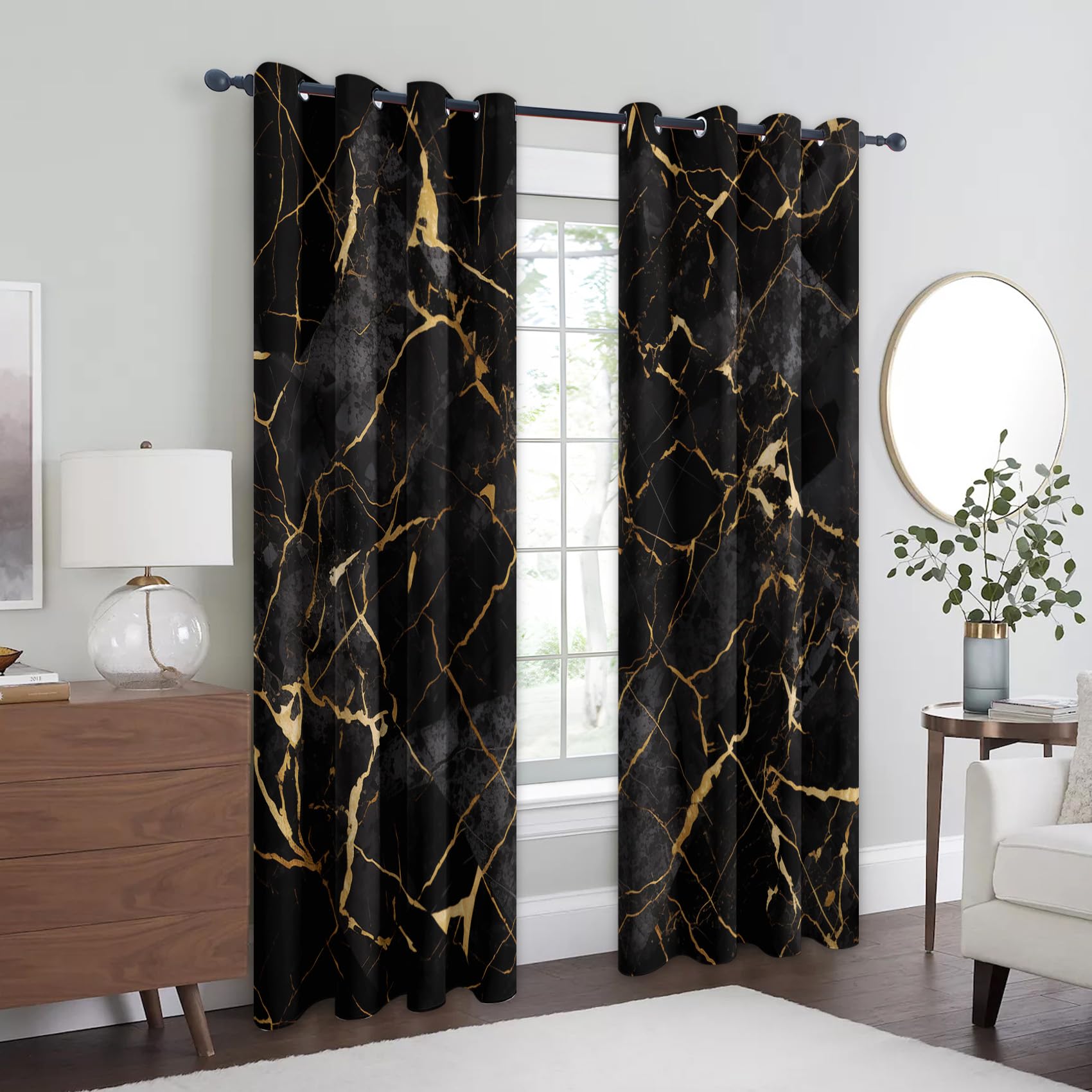 Black and Gold Curtains for Living Room, Bedroom, Marble Texture Blackout Curtains 52 x 84, Patterned Drapes 84 inch Drop, Thermal Insulated Eyelet Window Treatments, 2 Panels xr45