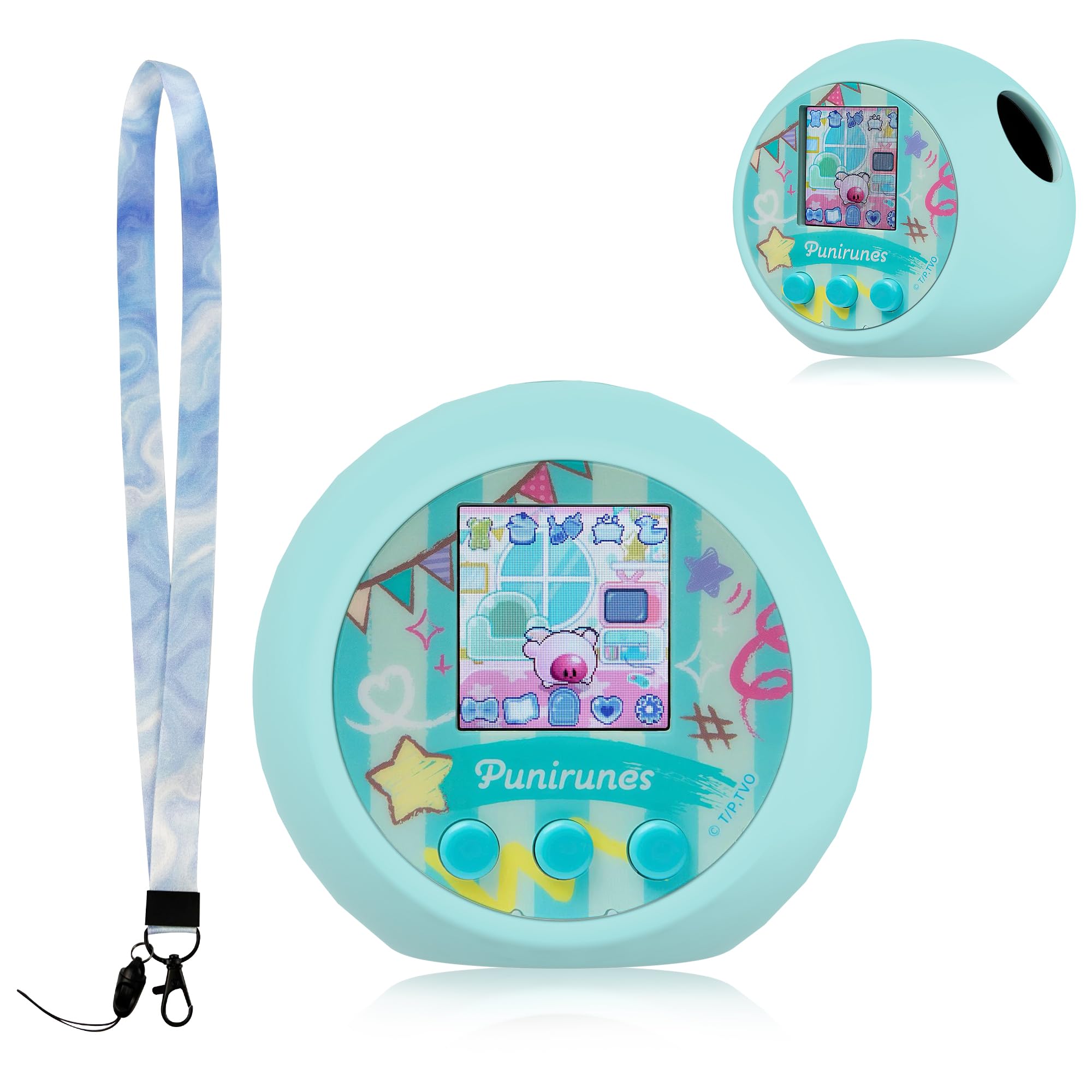 For Punirunes Interactive Digital Toy 専用 保護ケース ソフトシリコン製 全周保護 耐衝撃 かわいい背面デザイン ロングストラップ付き 落下防止 キズ防止 防水防塵 Punirunes Interactive Digital Toy case 装着したまま操作可能 (アクアマリン)