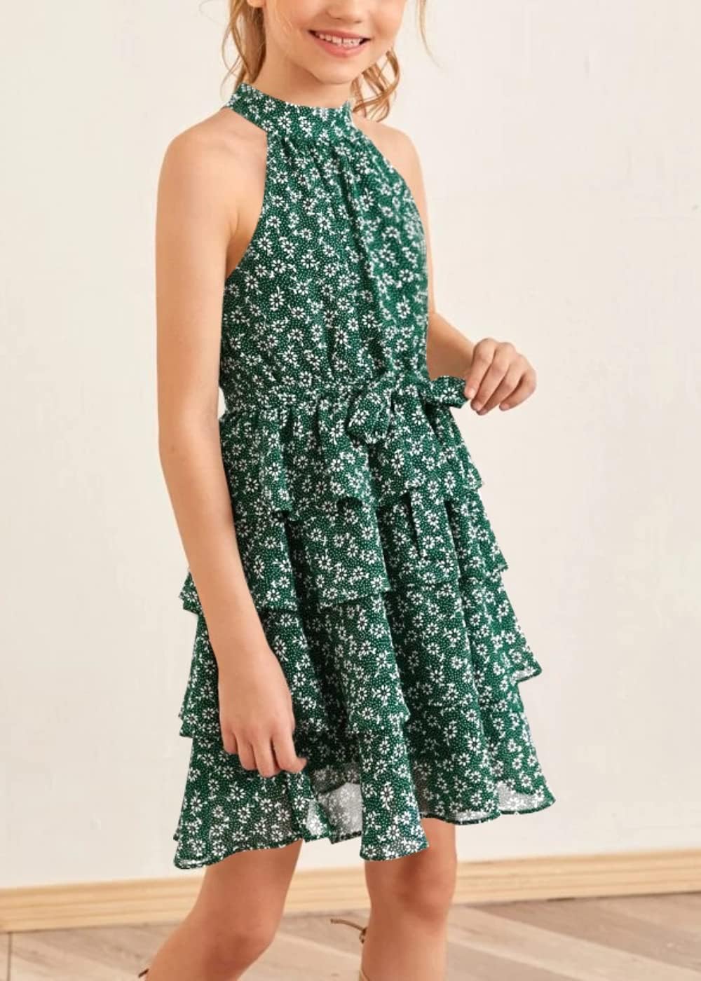 Imily Bela Girls Floral Ruffle Dress Halter Neck Kids Chiffon Summer Party Dress with Belt - Image 3