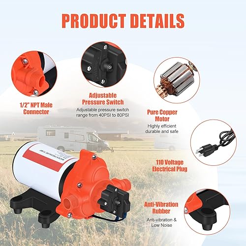 Miniatura 4 de Bomba de presión de agua de 110 V, 4.0 GPM, 50 PSI, alimentación de CA bajo demanda, bomba de diafragma de transferencia de agua autocebante,