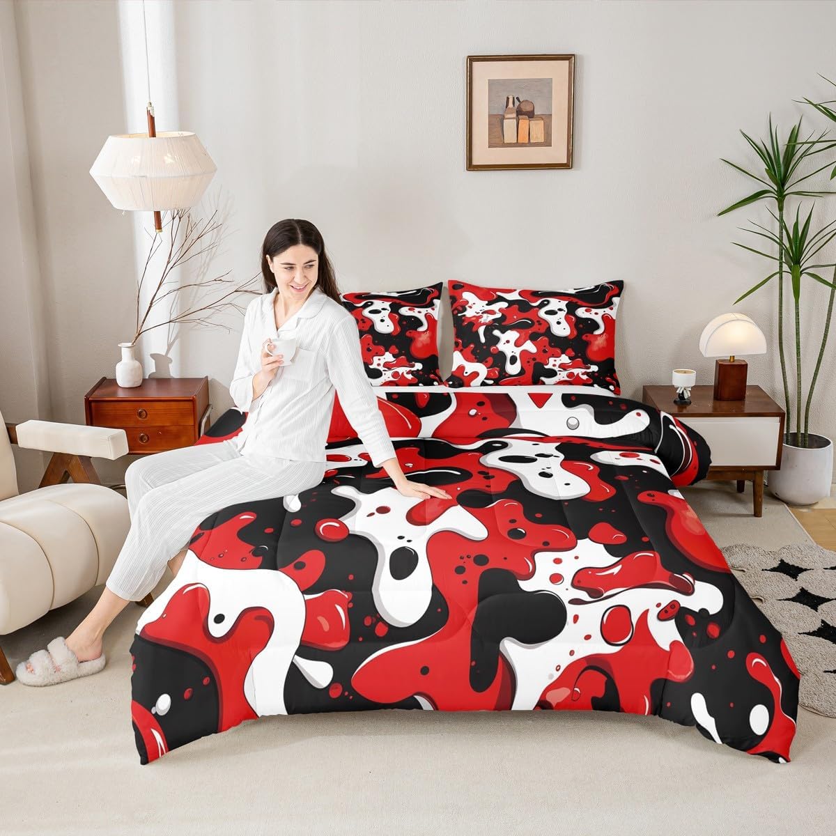 jejeloiu Camouflage Bedding Set Soft for Boys Girls, Red Comforter Set Twin Size Camo Duvet Quilt Microfiber Military Style Bedroom Decor 2 Pcs with 1 Pillow Cases
