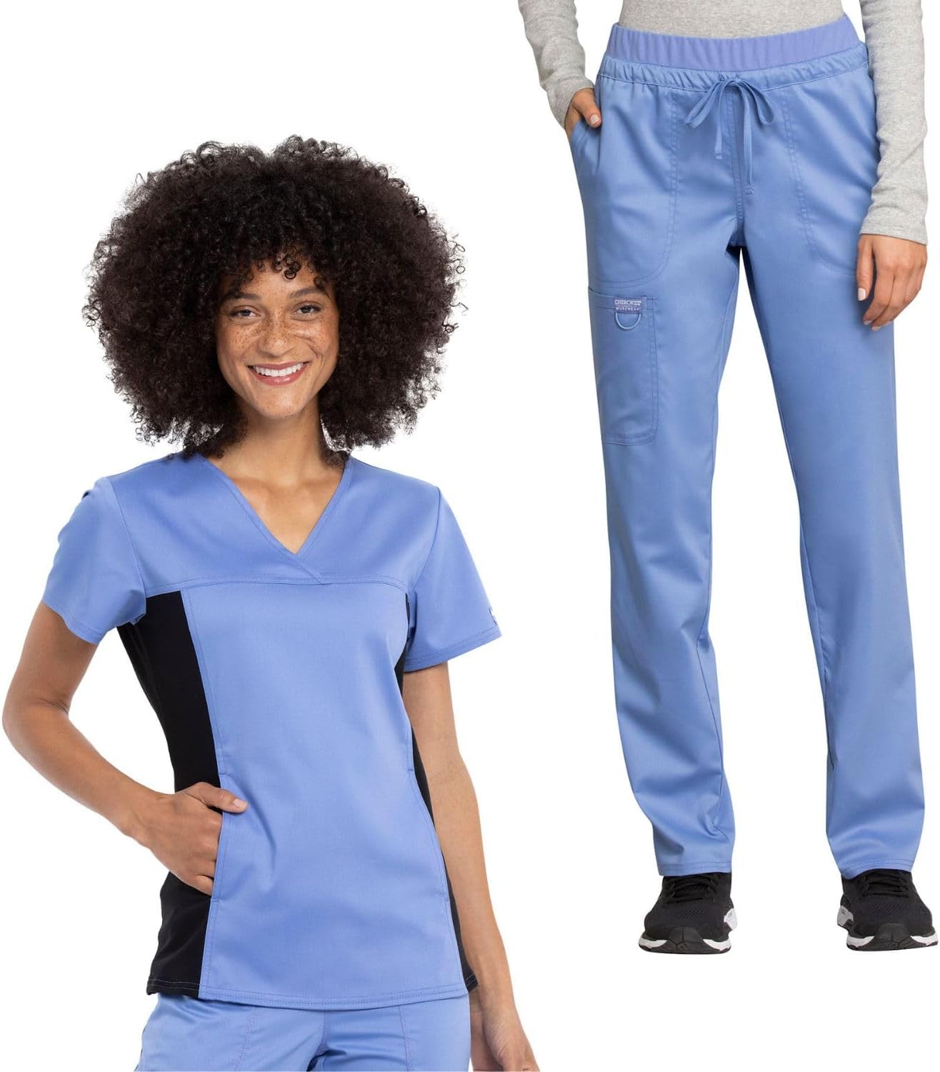 Cherokee Women's Scrub Set V-Neck Knit Panel Scrub Top WW2875 Mid Rise Tapered Leg Drawstring Scrub Pant WW105
