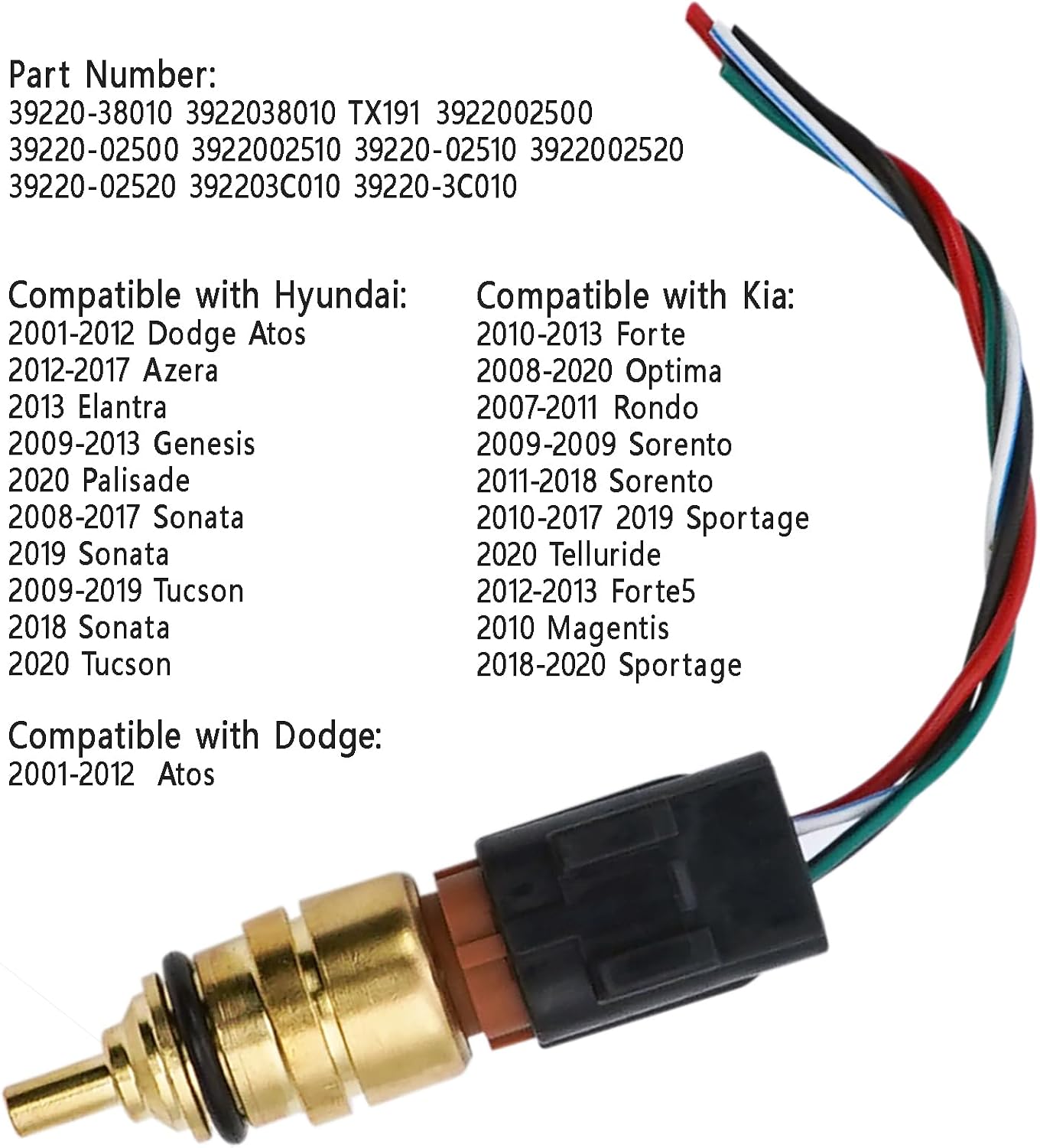 39220-38010 Engine Coolant Temperature Sensor w/Pigtail Harness for Hyundai Kia Sonata Santa Fe Tucson Palisade Sportage Sorento Optima 2008-2024, Replaces TX191 TX198 392203C010