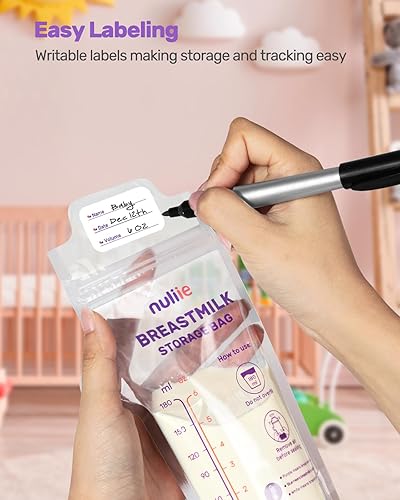 Miniatura 7 de Nuliie 120 bolsas de almacenamiento de leche materna con detección de temperatura, sin fugas, sin BPA con boquilla fácil de verter, 6 onzas