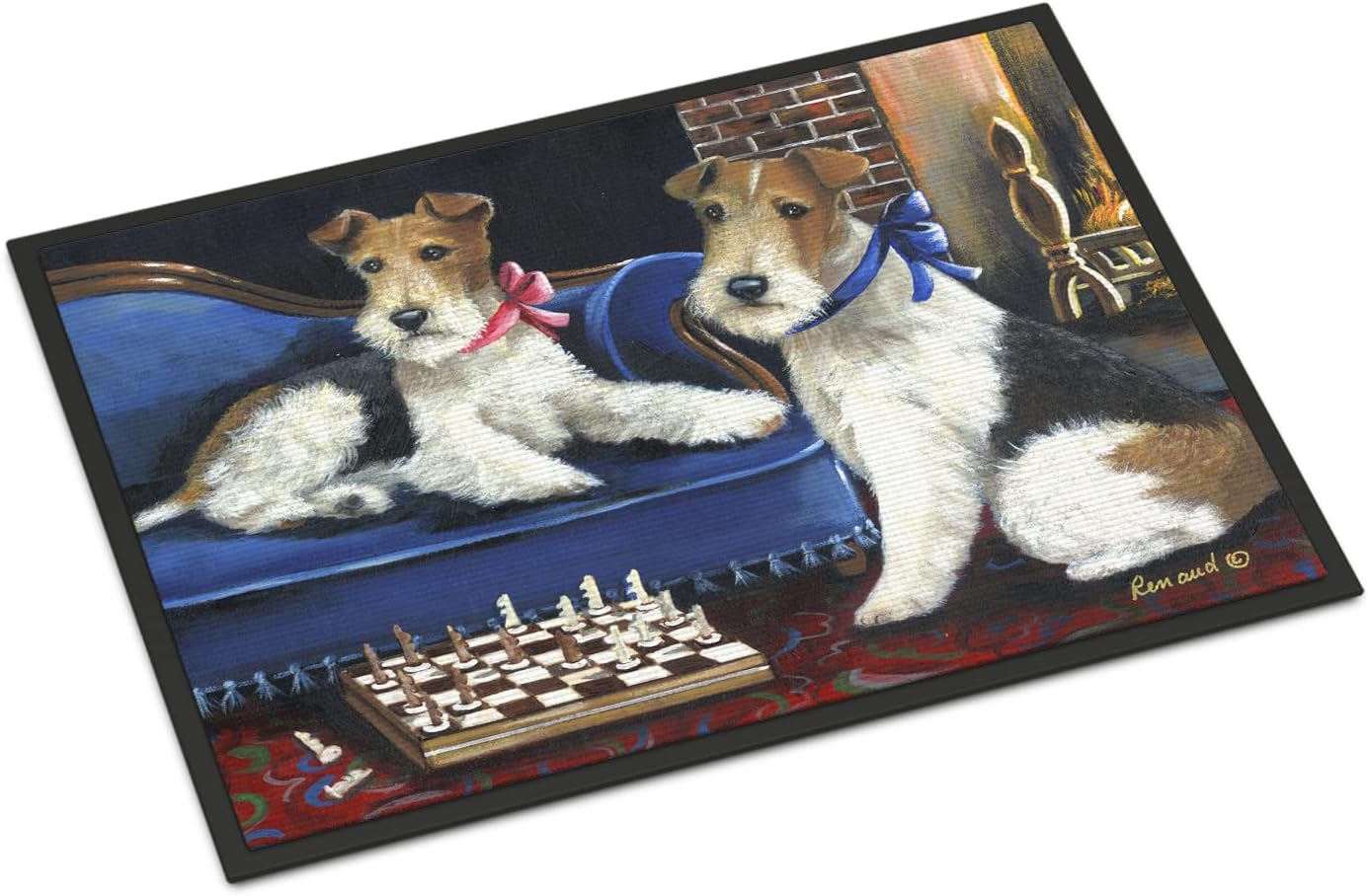 Caroline's Treasures PPP3261JMAT Fox Terrier Checkmates Doormat 24x36 Front Door Mat Indoor Outdoor Rugs for Entryway, Non Slip Washable Low Pile, 24H X 36W