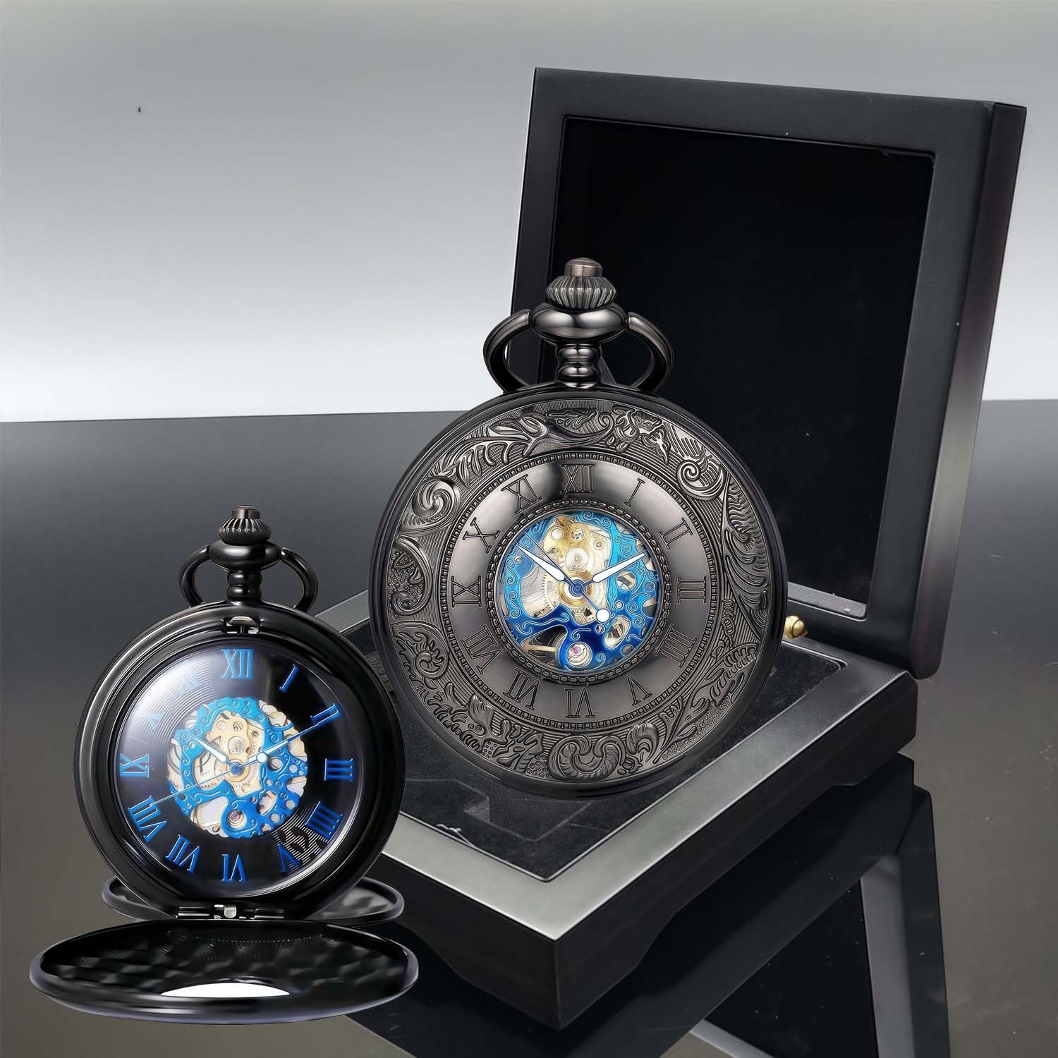 Orologio da taschino meccanico con numeri romani, quadrante scheletrato, con scatola in legno di lusso e catene, per uomo e donna, nero