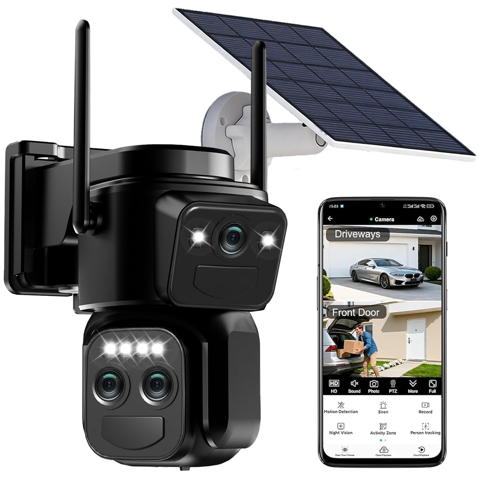 Solar Security Cameras Wireless Outdoor, Triple Lens 360° View Home Camera | Pan/Tilt, 6MP Color Night Vision, Motion Detection, Spotlight Siren, 2-Way Audio, Waterproof, Easy to Install, 2.4G WiFi-image-9