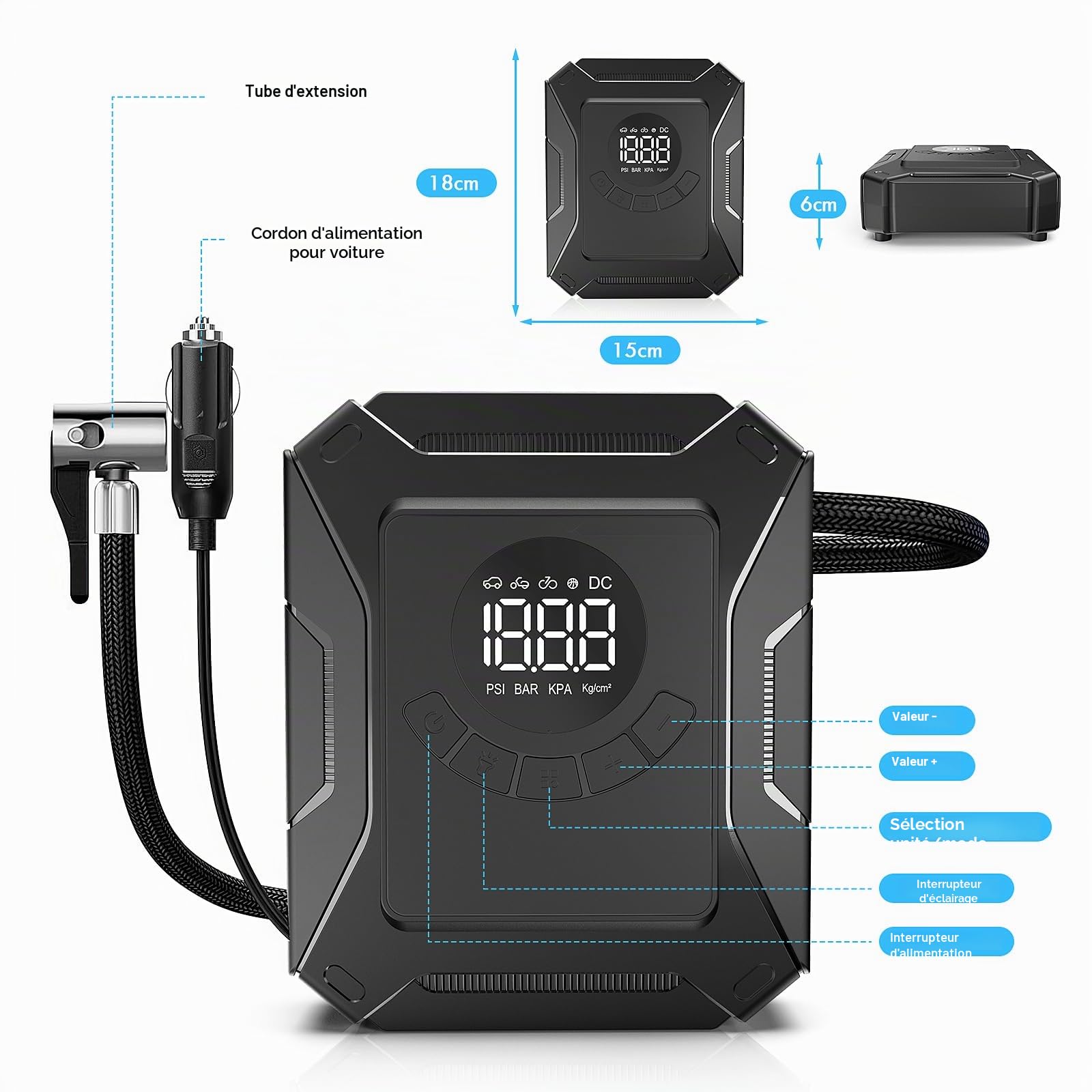 Compresseur Voiture 12V avec Écran LCD, Gonfleur Portable à Arrêt Automatique & Pression Préréglée, Pompe à Air Rapide pour Pneus de Voiture, SUV, Moto, Vélo et Ballons – Accessoire Auto