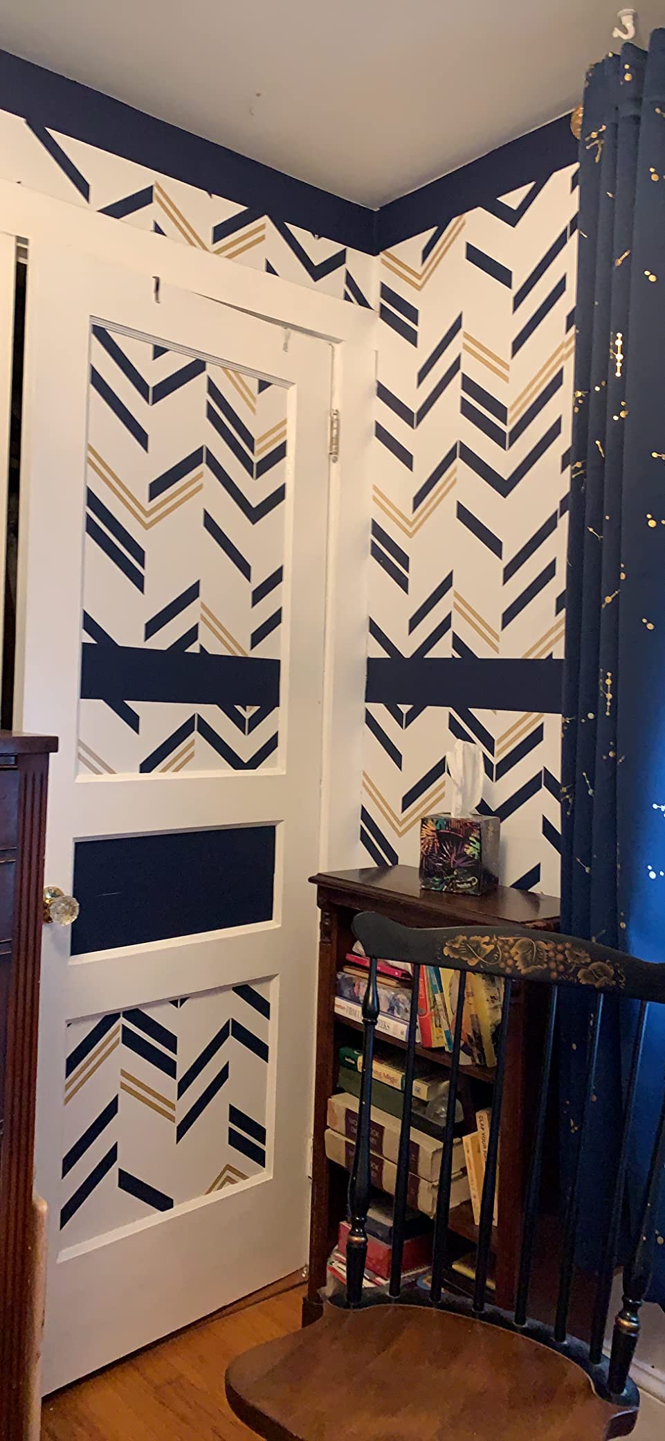 6/mo Finance RoomMates RMK9002WP Blue and Metallic Gold Chevron