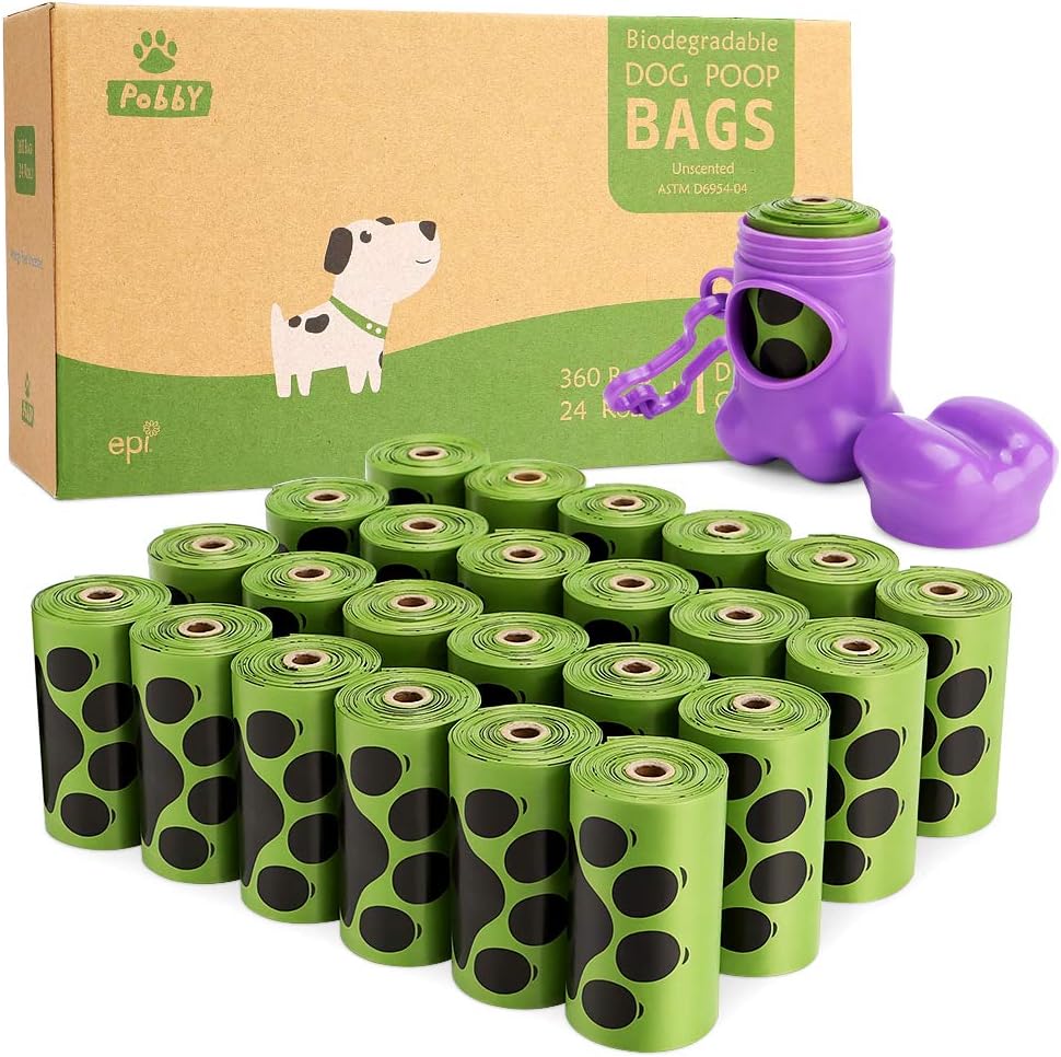 Pobby Biodegradable Dog Poop Bags Unscented 24 Refill Rolls Large Size 9" X 13" Durable Thick Dog Waste Bags Easy Tear-Off Leak-proff (360-count)