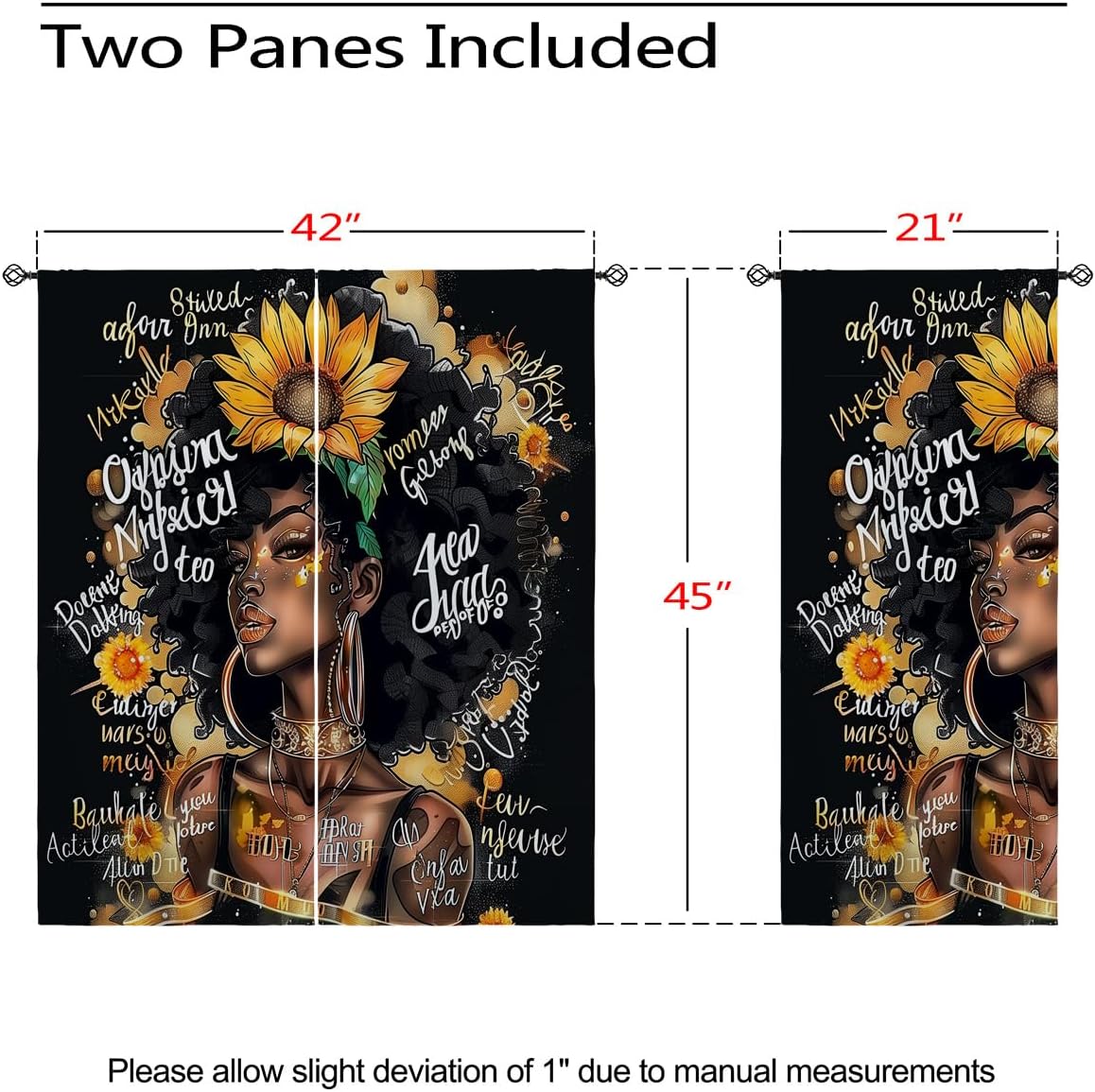 Afro African American Blackout Curtains for Girls Boys Kids Teens Home Decor, Black Girls Sunflowers Grommet Thermal Insulated Drapes Darkening Window Curtain for Bedroom Living Room, 42 x 45 Inch