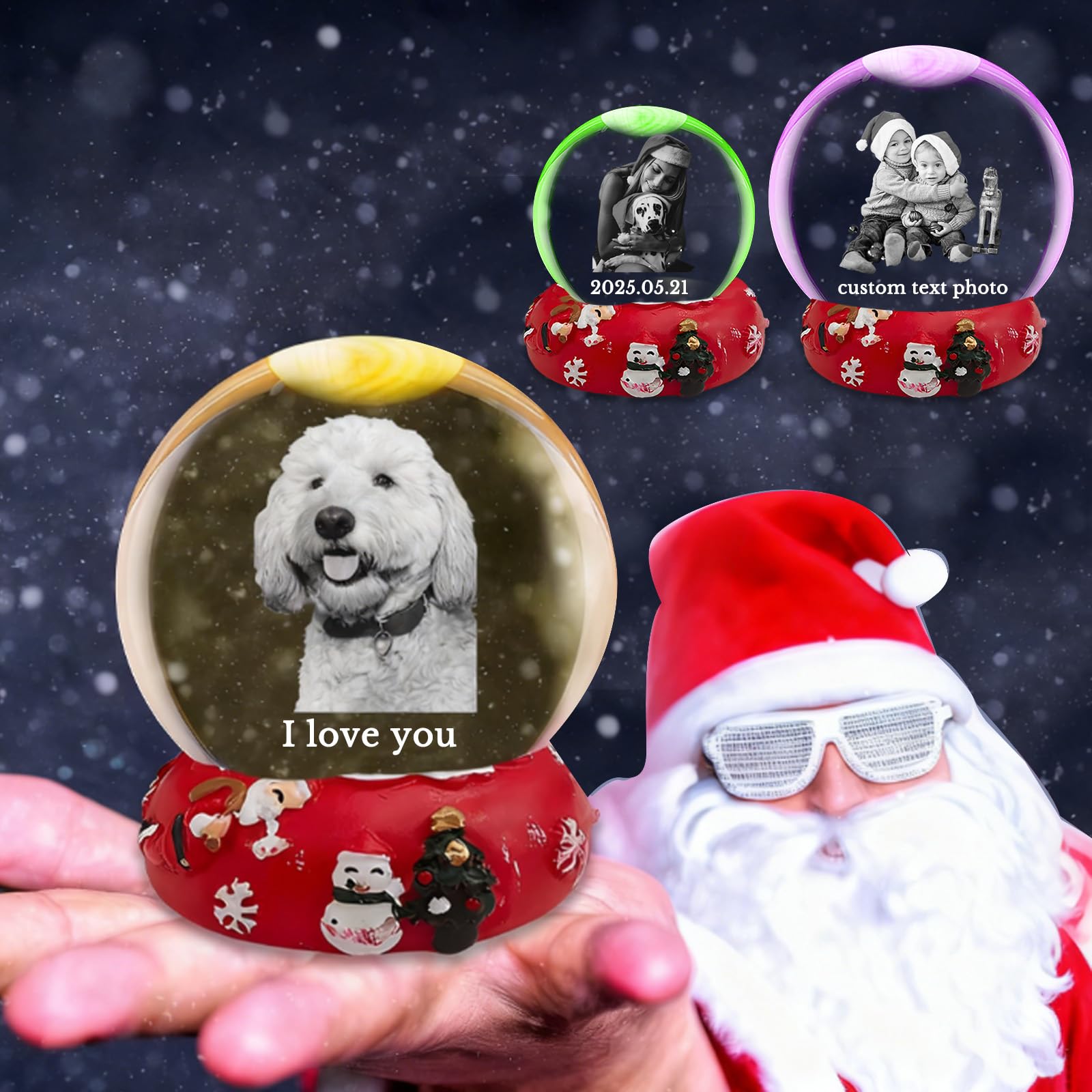 Personalised Snow Globe with Photo and Custom Text, 3D Laser Etched Crystal Ball with 7 Colour LED Light, Customisable for Family, Kids, Mum, Dad, Xmas Decor (Red - Christmas)