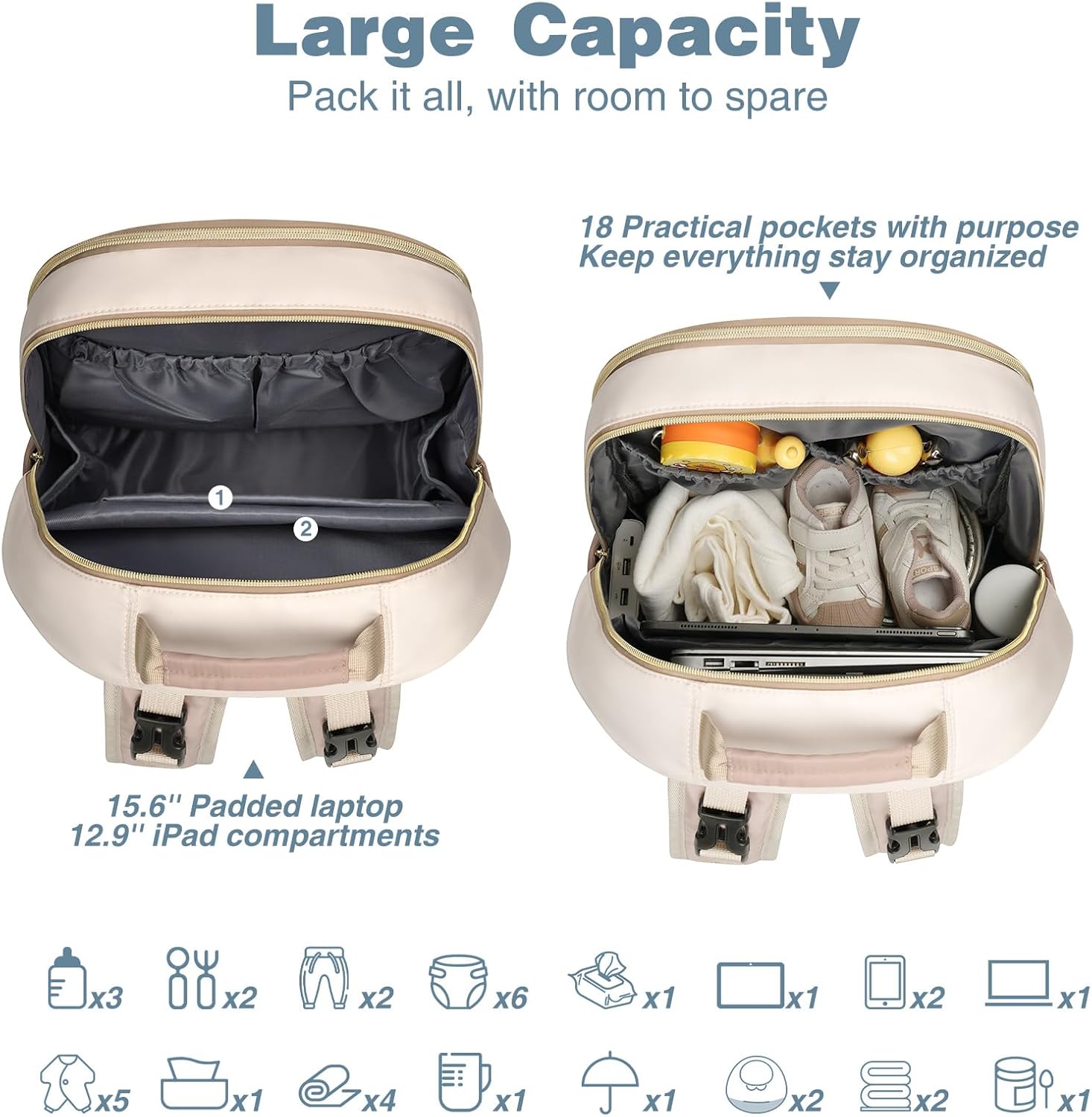 MOMUVO Diaper Bag Backpack, Quilted Baby Bag with Changing Pad & Stroller Straps & Pacifier Case, Large Travel Diaper Bags for Mom Dad, Khaki