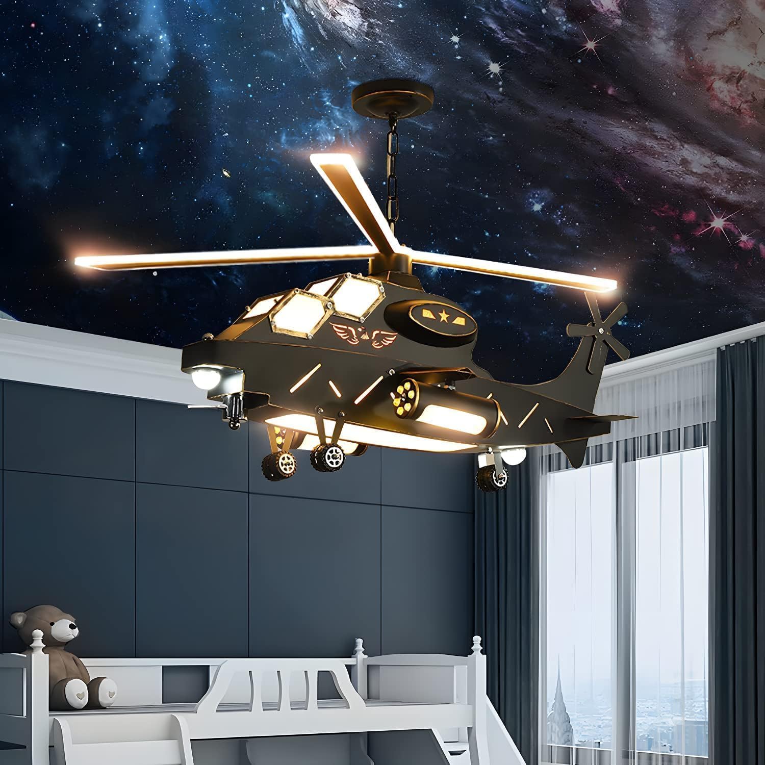 Modern Chandelier, Ceiling Light Led Light,Modern Cartoon Airplane Boys Room Light Fixture, Cool Military Helicopter Chandelier,Chandelier Lamps/Color/Black