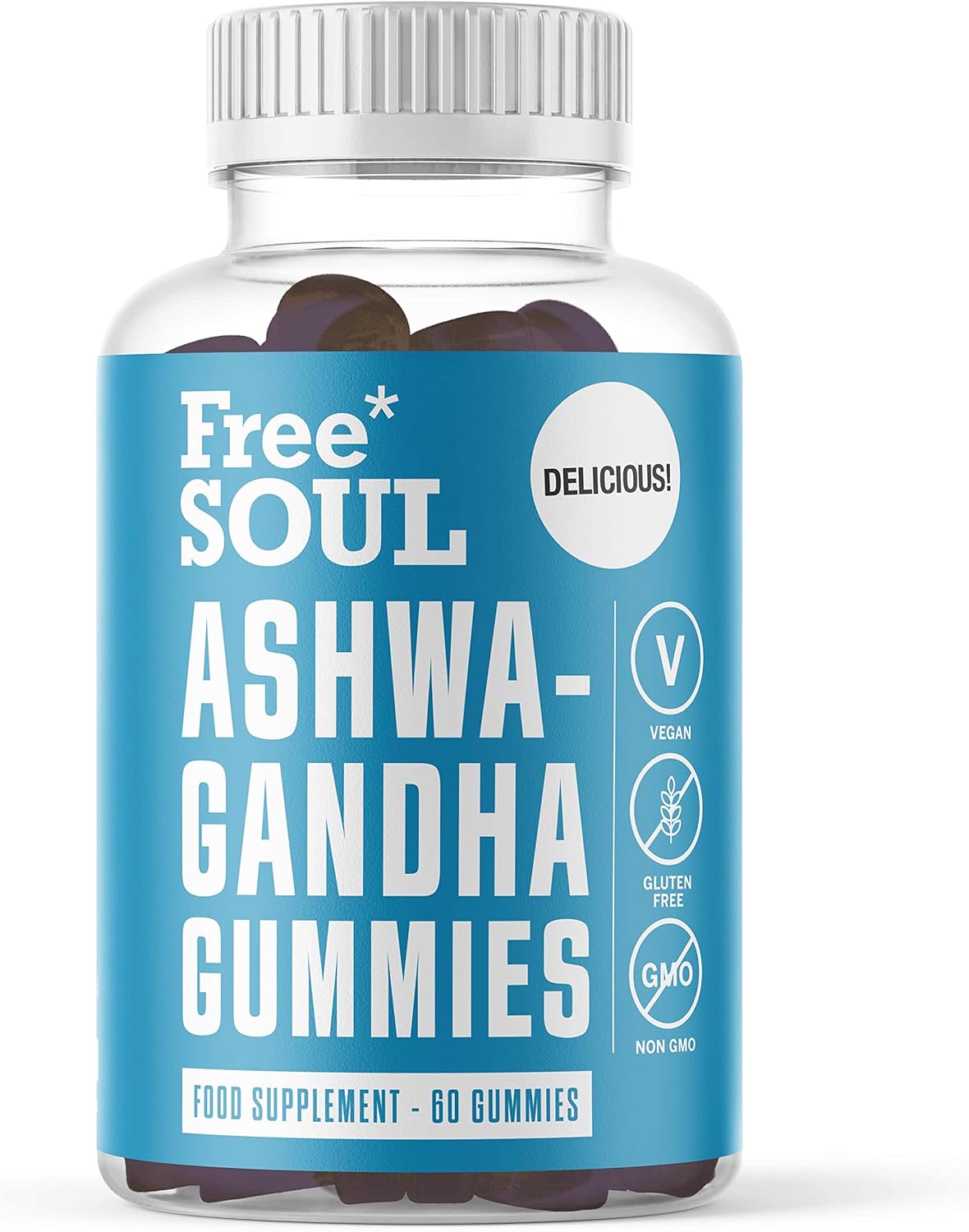 Free Soul Ashwagandha High Strength Gummies | Delicious Ashwagandha Supplement with Pure Root Powder Extract | Vegan, Gluten-Free, Non-GMO | 60 Gummies