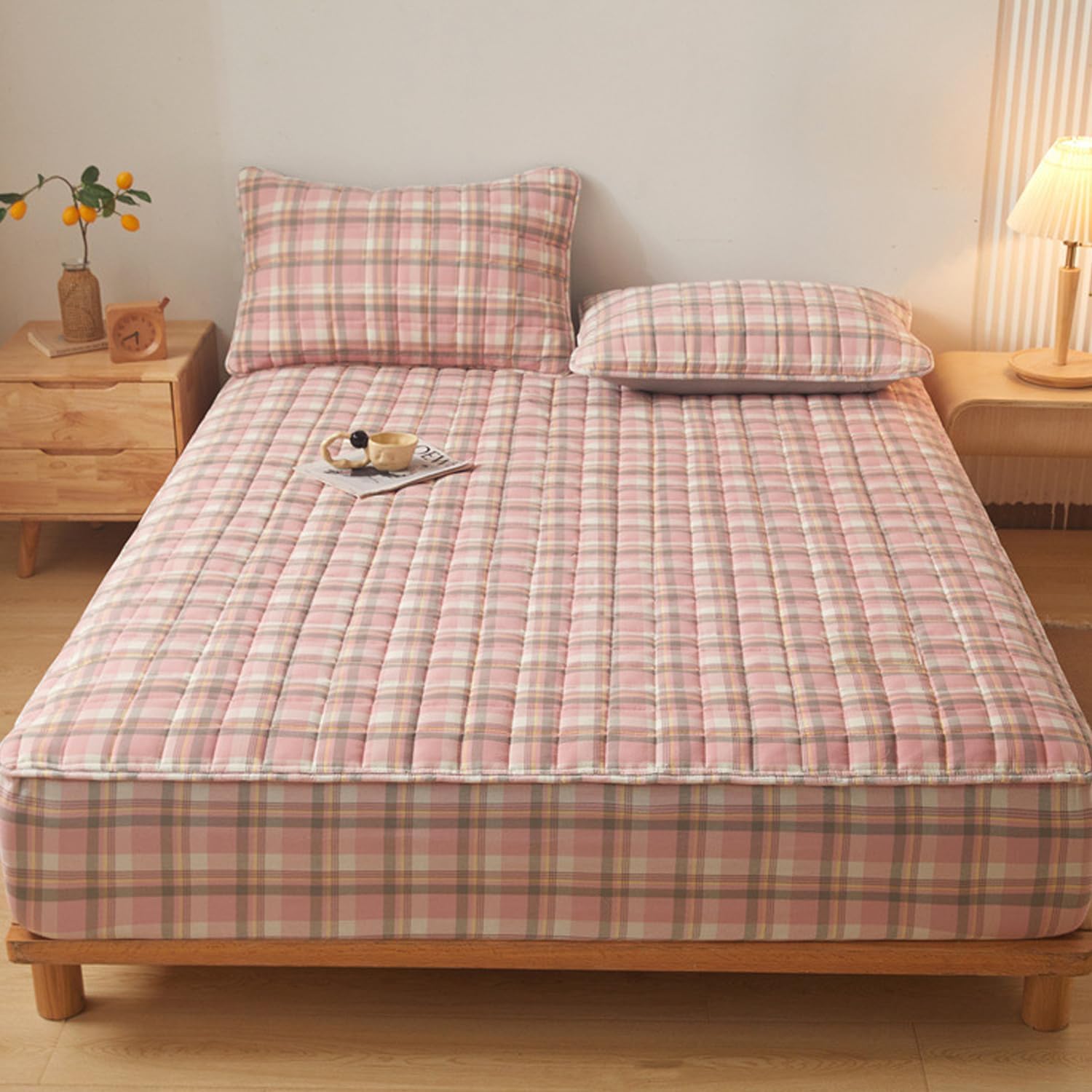 Quilted Fitted Sheets for California King Size Bed Soy Fiber Plaid Mattress Protector Modern Soft Mattress Pad Cover Deep Pocket Up to 12in Suitable for Bedrooms,E,90×200cm