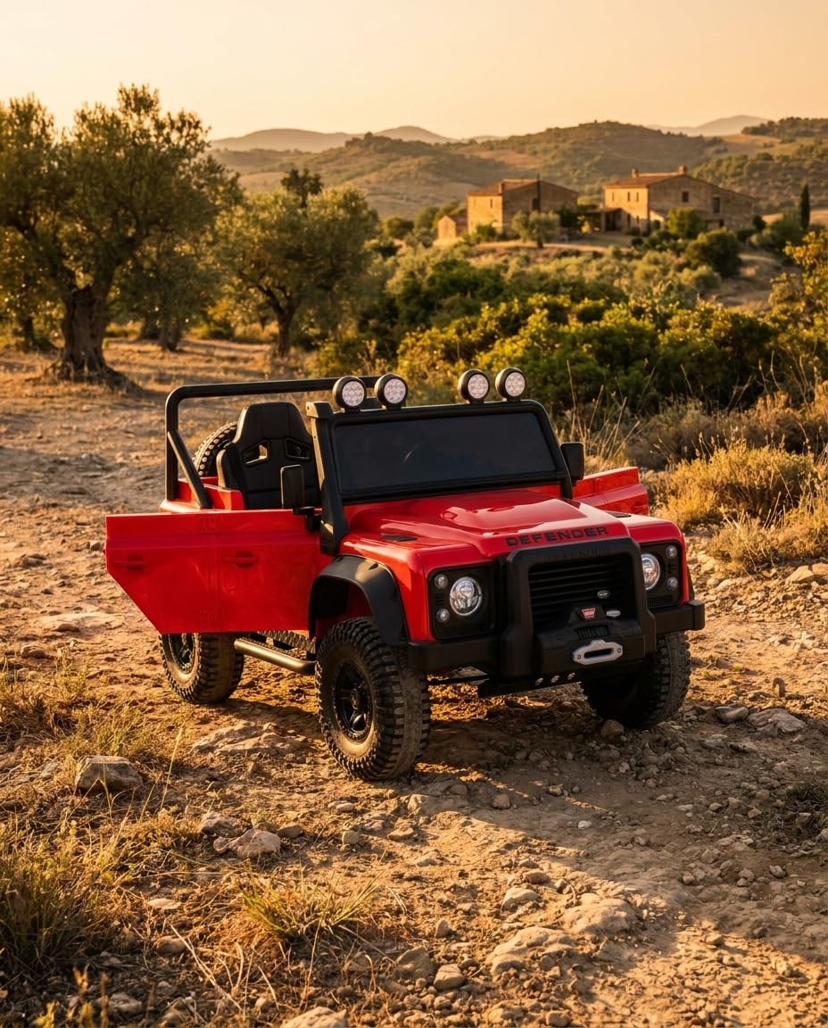 Elektryczny samochód dla dzieci Land Rover Defender 110 SVX 12V, czerwony, 4X4 skrzynia biegów, reflektory LED, zawieszenie przednie i tylne, pilot 2,4 GHz, wejście USB/Aux, Bluetooth, bateria litowa