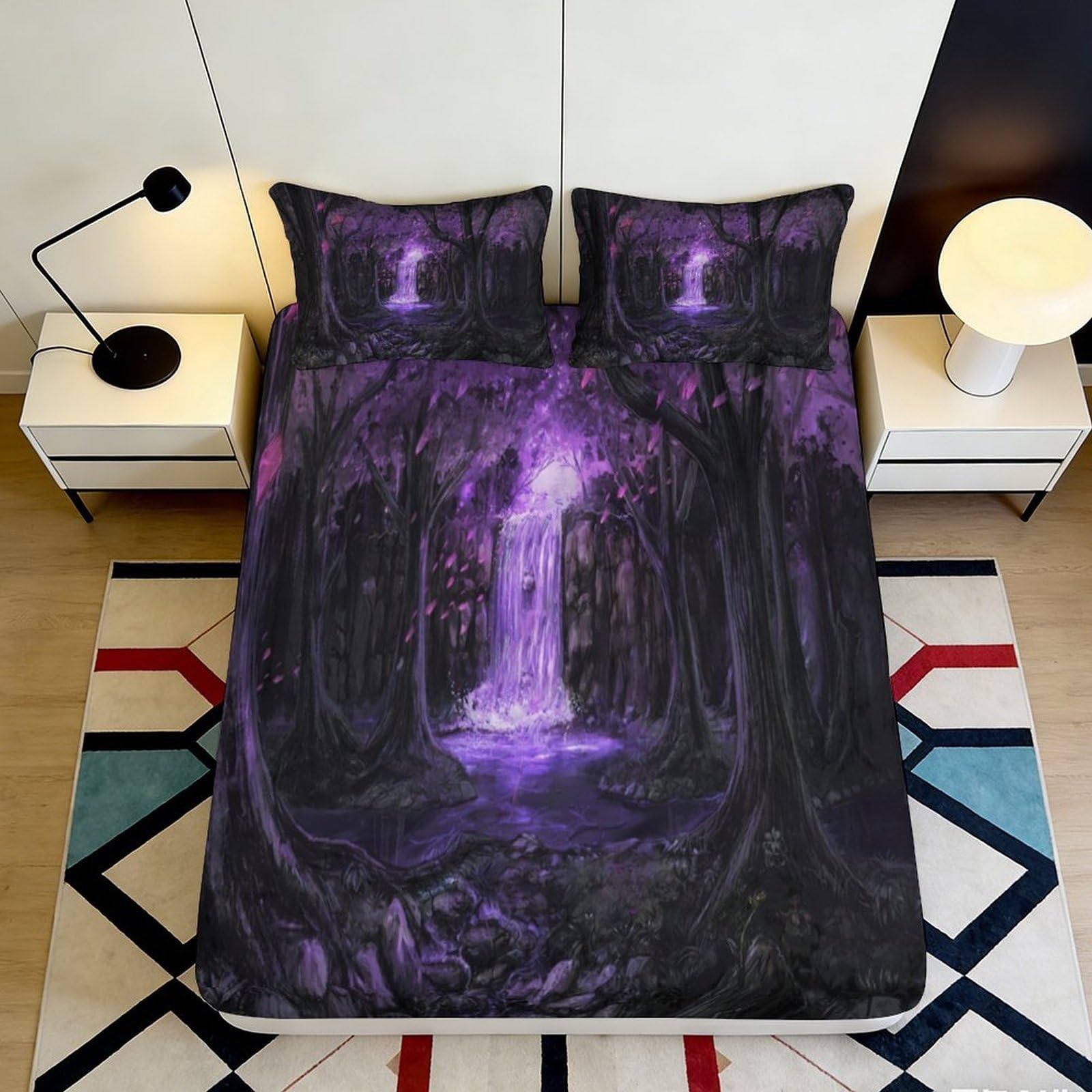Pnayamiorkfel Style-8 3D Printed Enchanted Forest Fitted Sheet Microfiber Purple Waterfall Bed Cover For Bedroom Guest Room Decor 90X200x25cm