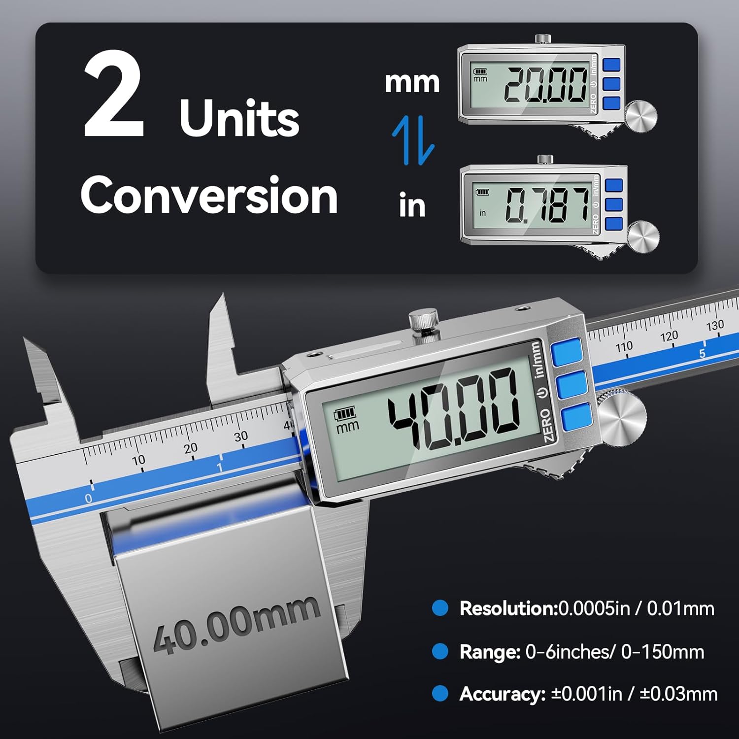 Preciva Digital Caliper showing unit conversion between millimeters and inches