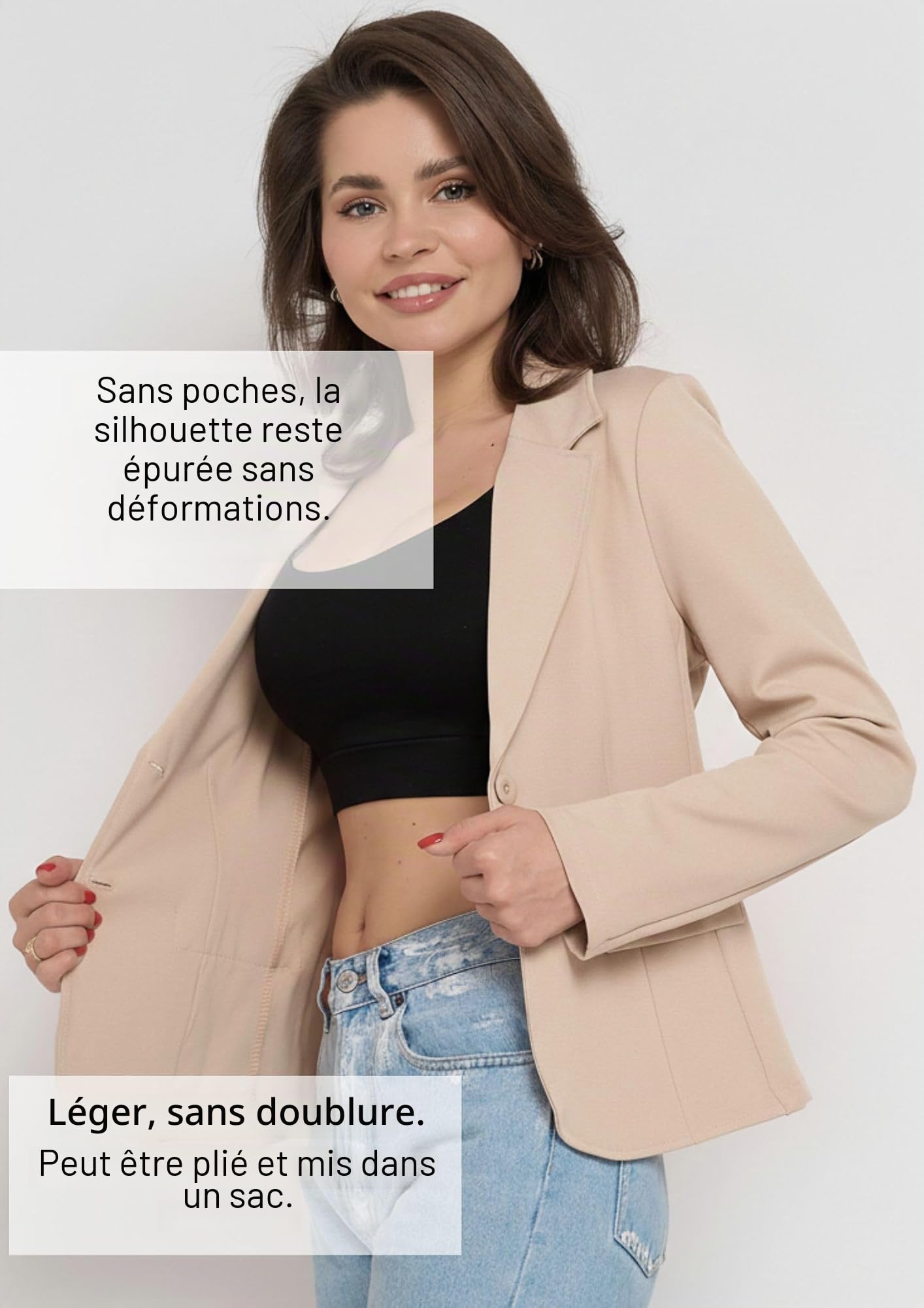 Blazer Femme Élégant Semi-Ajusté sans Poches Veste Femme Chic et Élégant pour Tailleur Ensemble Pantalon Vêtement Femme Décontracté et de Bureau Blazer Femme Courte