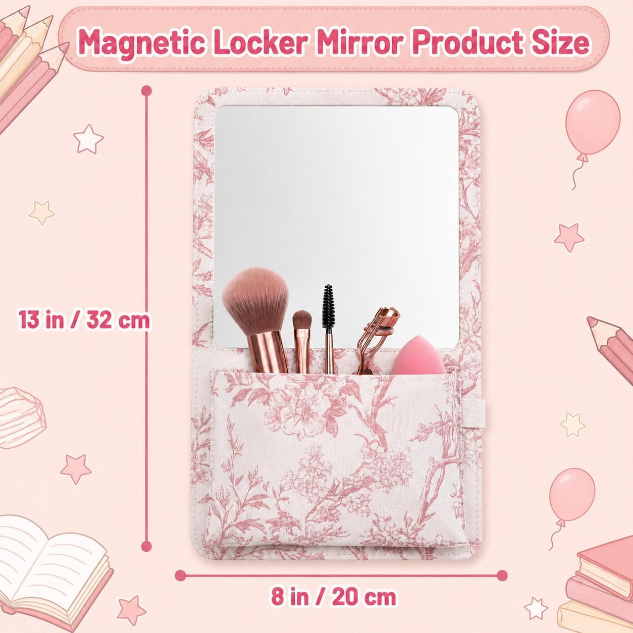 Coquette Aesthetic Pink Magnetic Locker Mirror with Storage Bag 13x8 Inch Strong Magnetic Backing Locker Organizer Accessories Decorations Back to School Essentials image 2