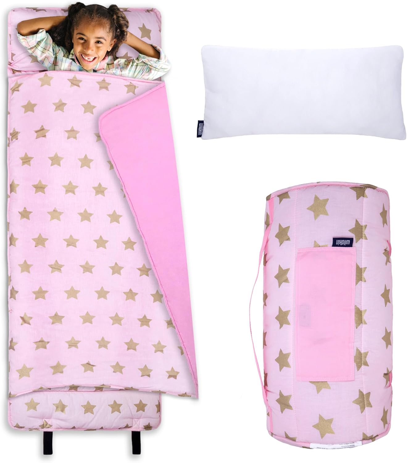 Wildkin Kids Original Nap Mat – Cozy Kids Sleep Mat with Pillow, ideal for School & Travel Pink and Gold Stars