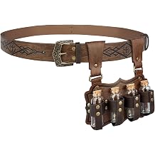 HiiFeuer Medieval Embossed Alchemy Faux Leather Buckle Belt with 4 Cork Vials, Fantasy Wizard Potion Bottles Belt