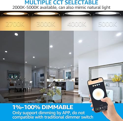 Miniatura 5 de TORCHSTAR Iluminación empotrable inteligente de 6 pulgadas con caja de conexión, Wi-Fi Bluetooth que cambia de color RGBCW, control de voz con Alexa