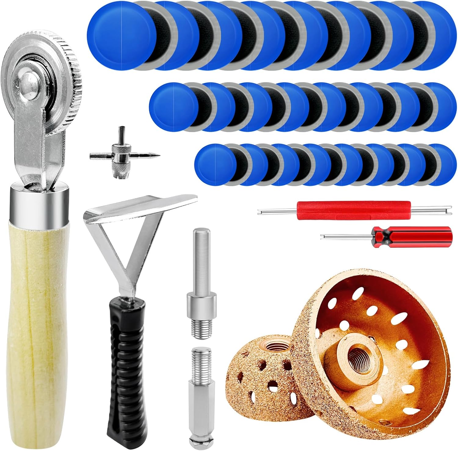 54Pcs Tire Patch Kit Heavy Duty, Tire Repair Tools 42 mm 55 mm Tungsten Steel Buffing Wheel with 32/42/58mm Tire Patches, Inner Liner Scraper, Tire Patch Roller for Car Grinding Polishing Accessories