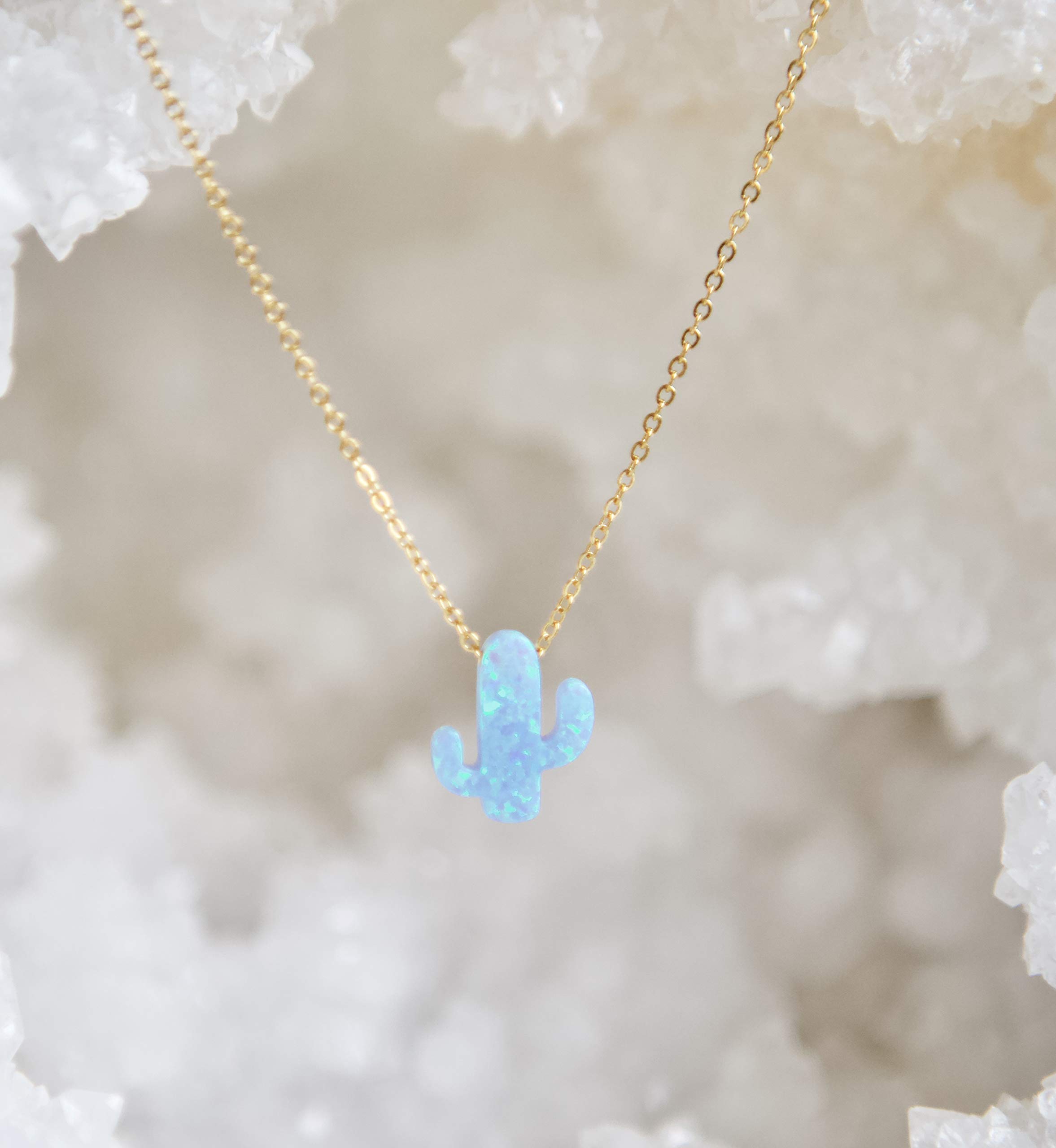Small Blue Opal Cactus Gemstone Gold-Plated Necklace - 17 Inches Length