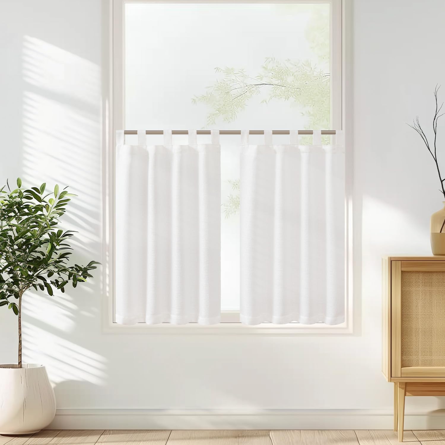 TOPICK Vangao Scheibengardinen Modern Küche Weiß Leinenoptik Bistrogardine 2er Set 70Bx60H cm mit Schlaufen Gardinen Kurz Halbtransparente Küchengardinen für Kleine Fenster Wohnmobil Küchenfenster