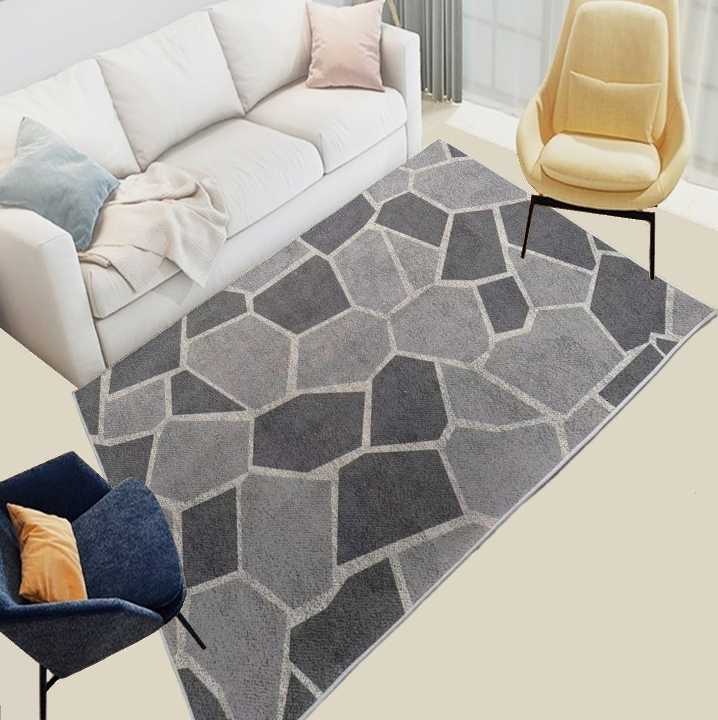 Natural Stone Geometric Design 2' X 3' Area Rug Anti Fatigue, Hallway Runner, Patio Living Room Carpet (Grey)
