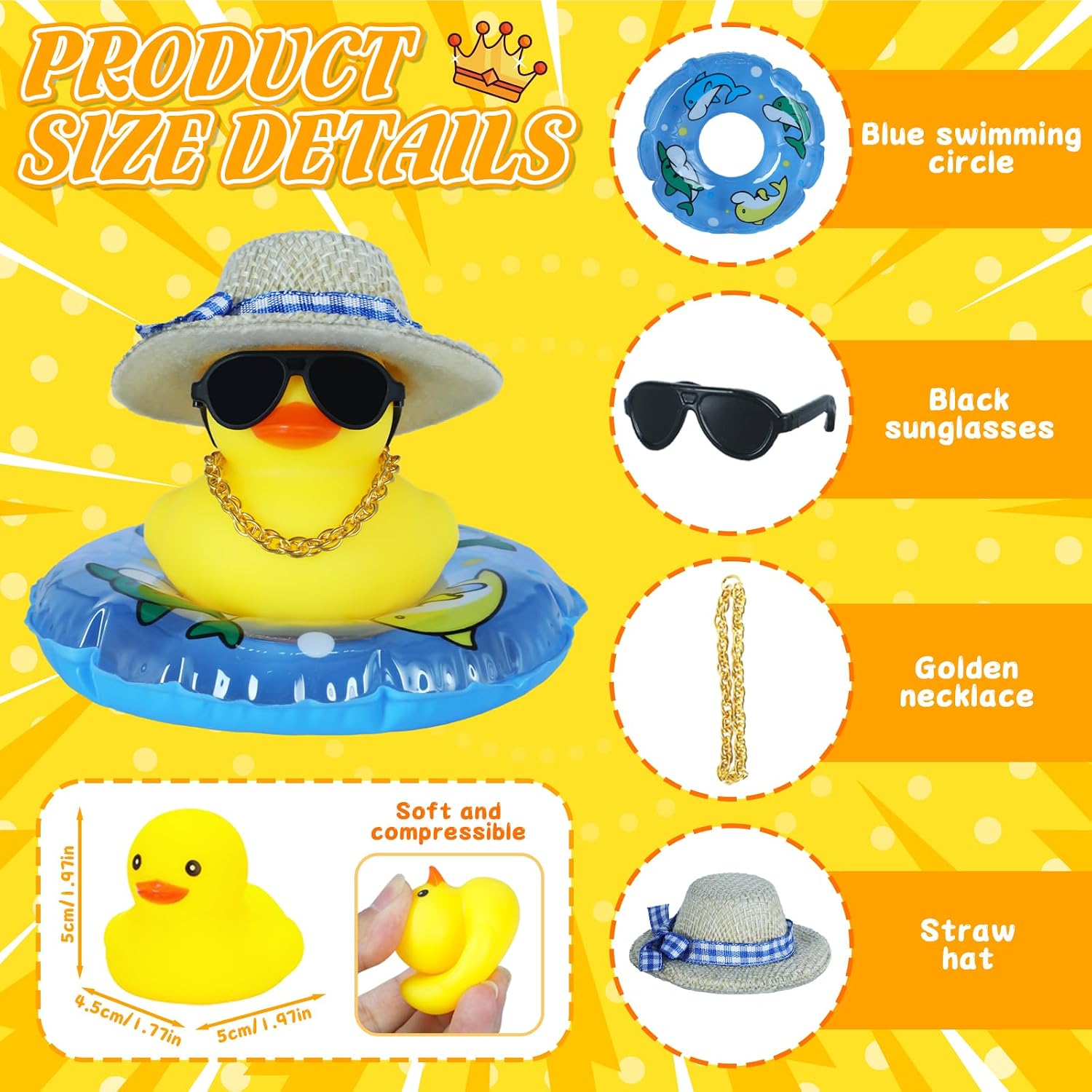 Yellow Rubber Duck, Squeaky Fun Car Rubber Duck, with Swim Ring Necklace Hat & Sunglasses - Fashionable Car Dashboard Home Office Decor