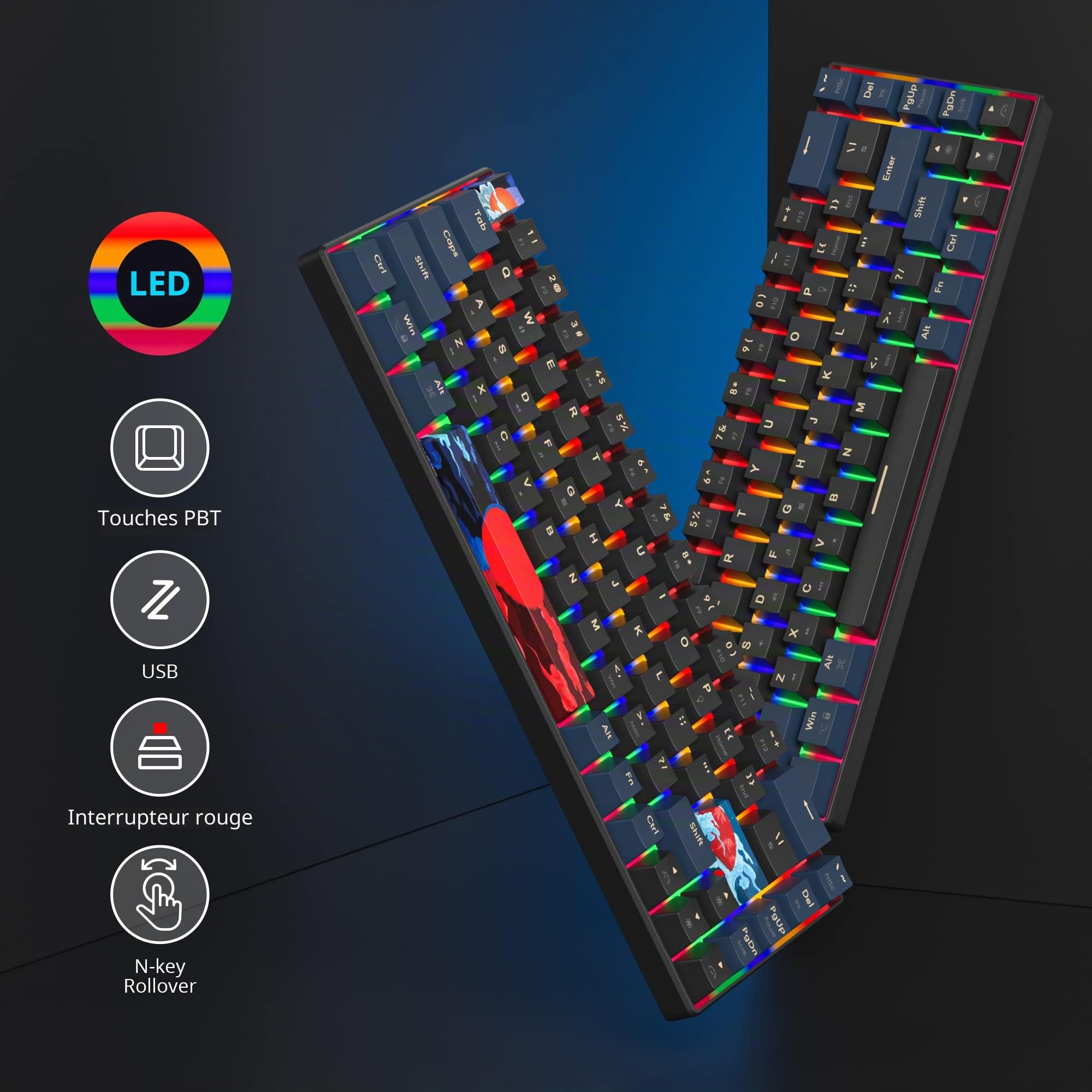 SOLIDEE Clavier de jeu mécanique 65%, 68 touches avec interrupteurs linéaires rouges, filaire avec rétroéclairage LED, lumière mixte, compact (68 Black-Blue)