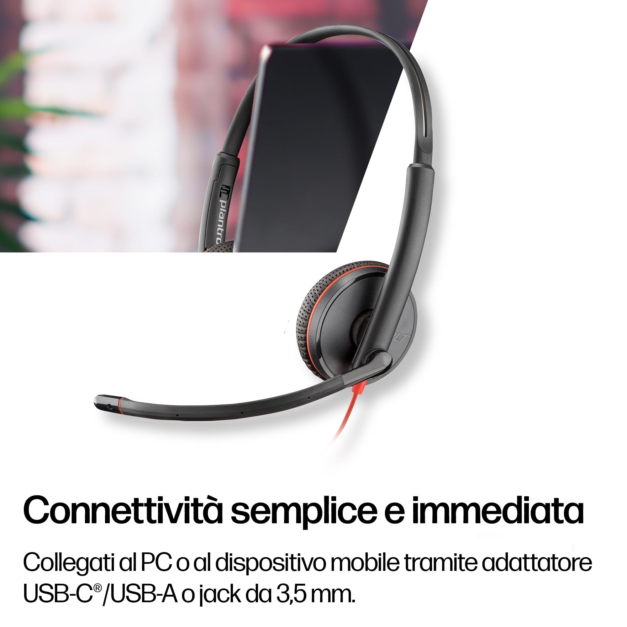 Poly Blackwire 3225, Cuffia Cablata con Connessione USB-A, USB-C, AUX 3,5 mm, Cuscinetti in Similpelle, Riduzione del Rumore e dell'Eco, Comandi sul Cavo, Compatibile con Windows 10 e macOS, Nero