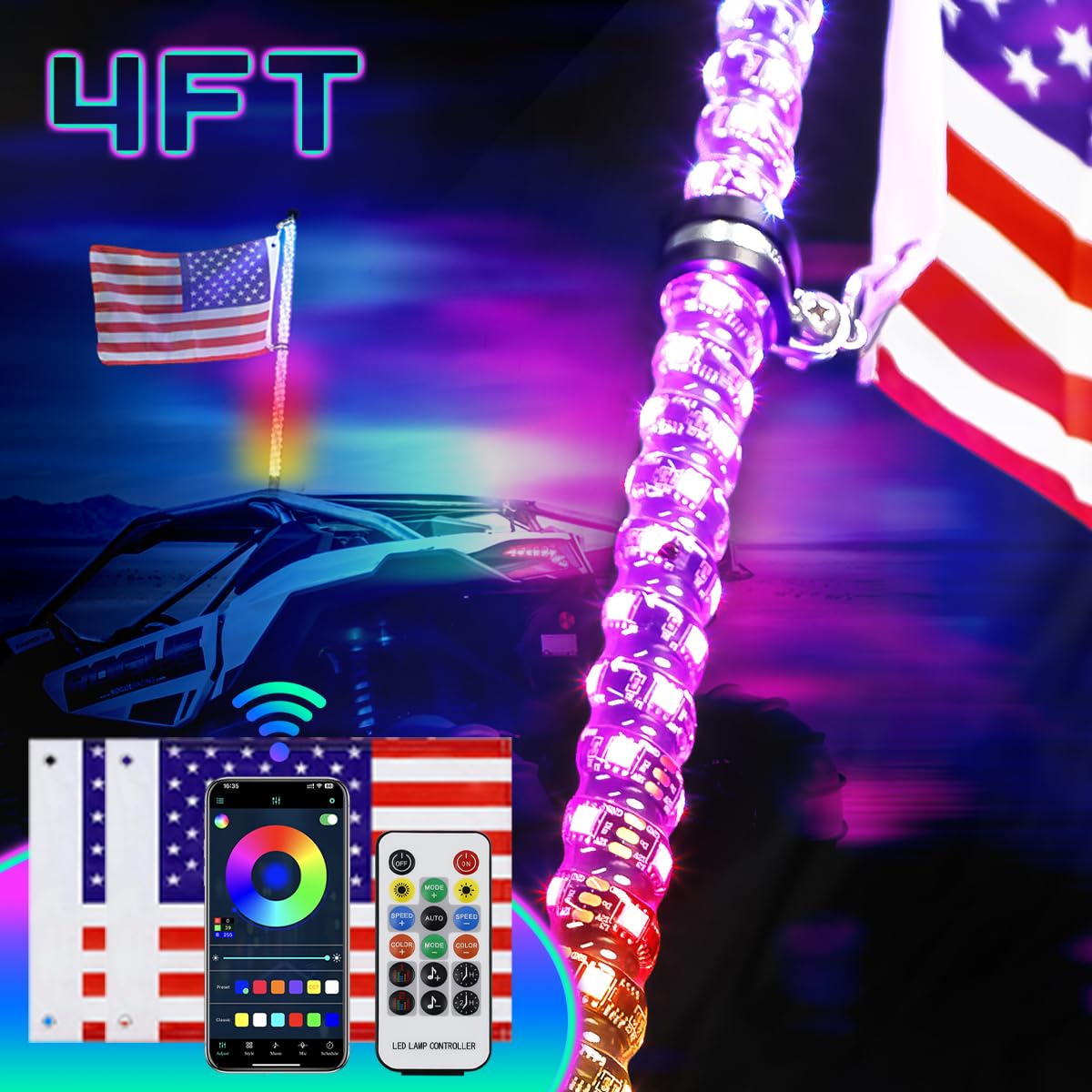 UNI-SHINE 1PCS 4FT LED Whip Light with Spring Base Spiral RGB Chasing Lights with APP &amp; Remote Control, Music Antenna Whip Light for Can-Am UTV ATV RZR Can-Am SXS Polaris Offroad Truck