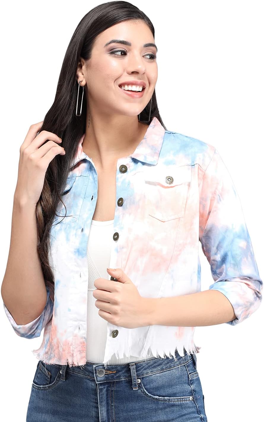 FUNDAY FASHIONWomen's Tie-Dye Cotton Blend Jacket (Large, Multicolor Blue)