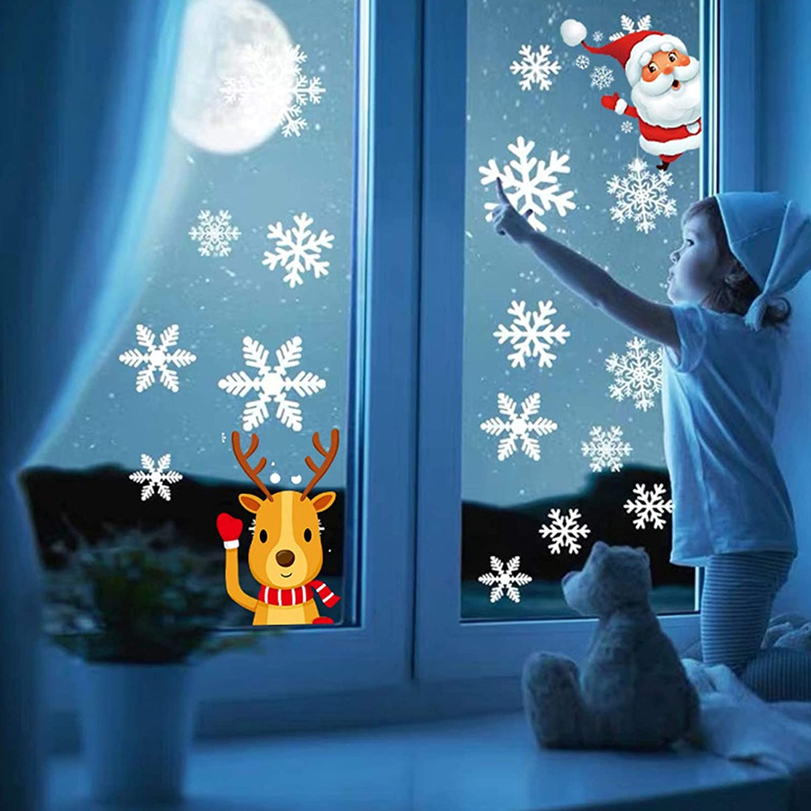 MSQ Decoración navideña para ventanas, 4 hojas de Navidad, autoadhesivas