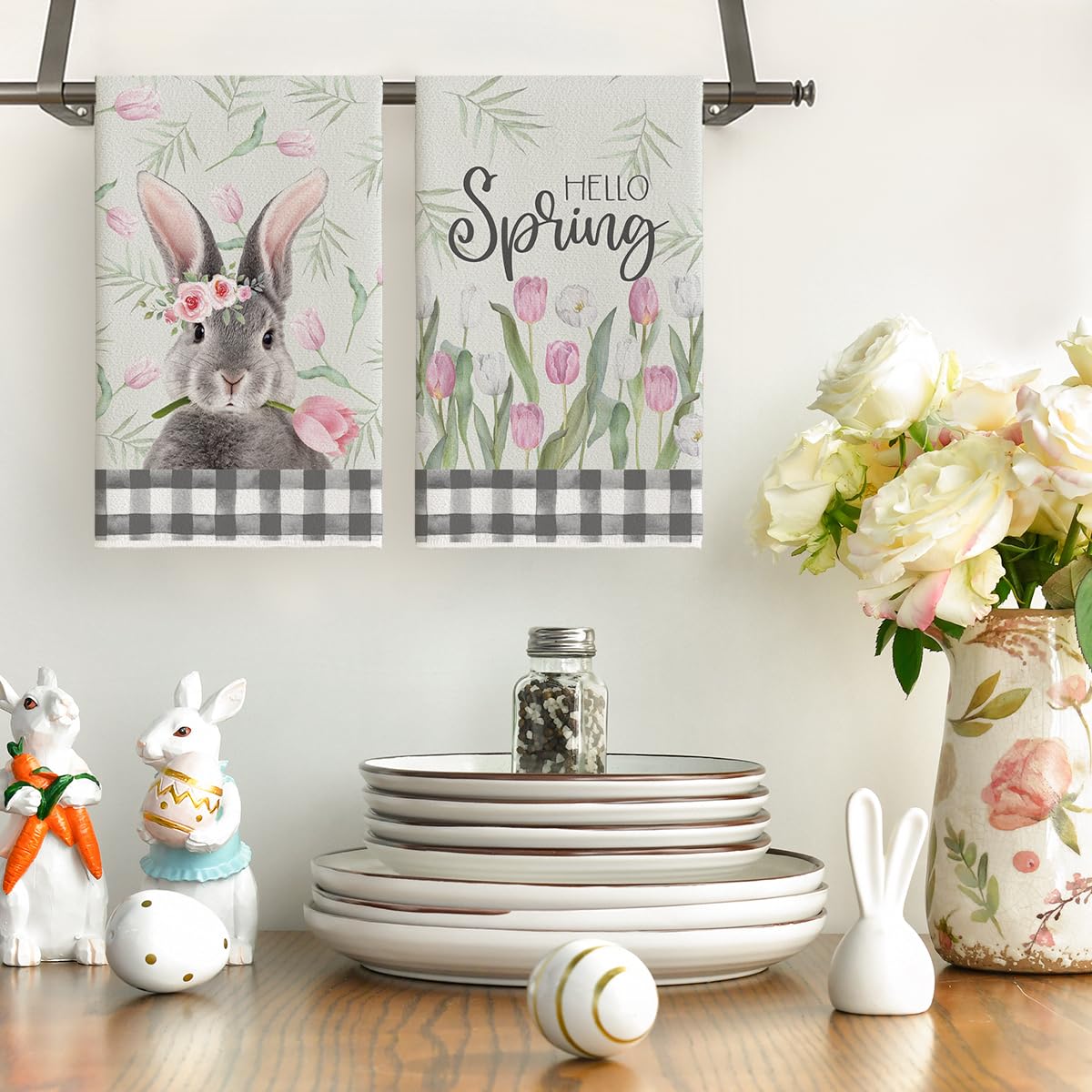 Artoid Mode Buffalo Plaid Bunny Rabbit Flowers Hello Spring Easter Kitchen Towels Dish Towels, 18x26 Inch Seasonal Decoration Hand Towels Set of 2