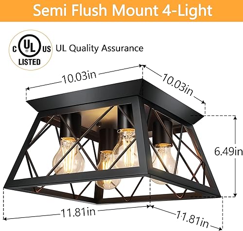 Miniatura 2 de FadimiKoo Lámpara de techo empotrada negra de 4 luces para cocina, pasillo, iluminación industrial cercana al techo, lámpara de jaula cuadrada de