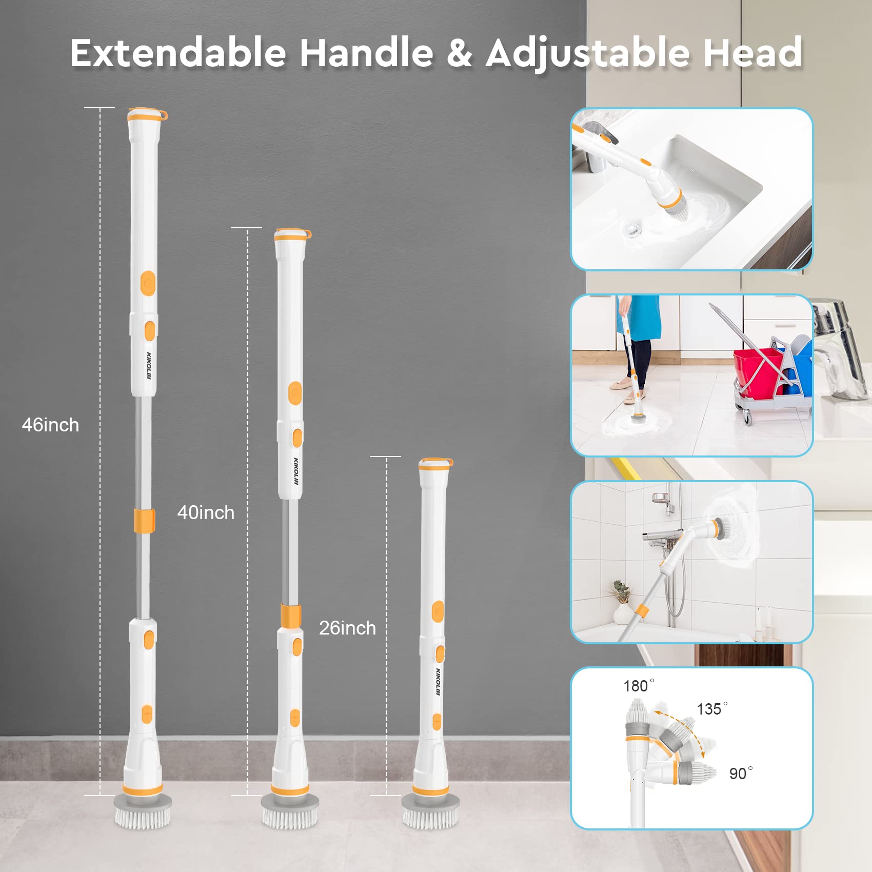 KiKoLin Estropajo eléctrico giratorio con control de velocidad de 2, cepillo de limpieza inalámbrico para baño, suelo, cocina con 4 cabezales de cepillo reemplazables y mango largo de extensión
