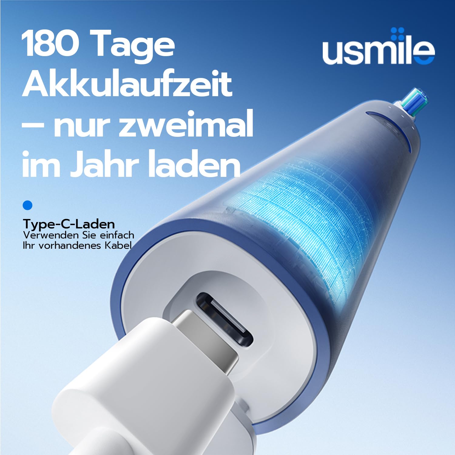 usmile P10S elektrische Zahnbürste – 3 Modi (Tiefenreinigung & Aufhellung), 180 Tage Akkulaufzeit, gepolsterter Zahnfleischschutz-Bürstenkopf für empfindliche Zähne, Smart-Timer, 2 Bürstenköpfe (Blau)