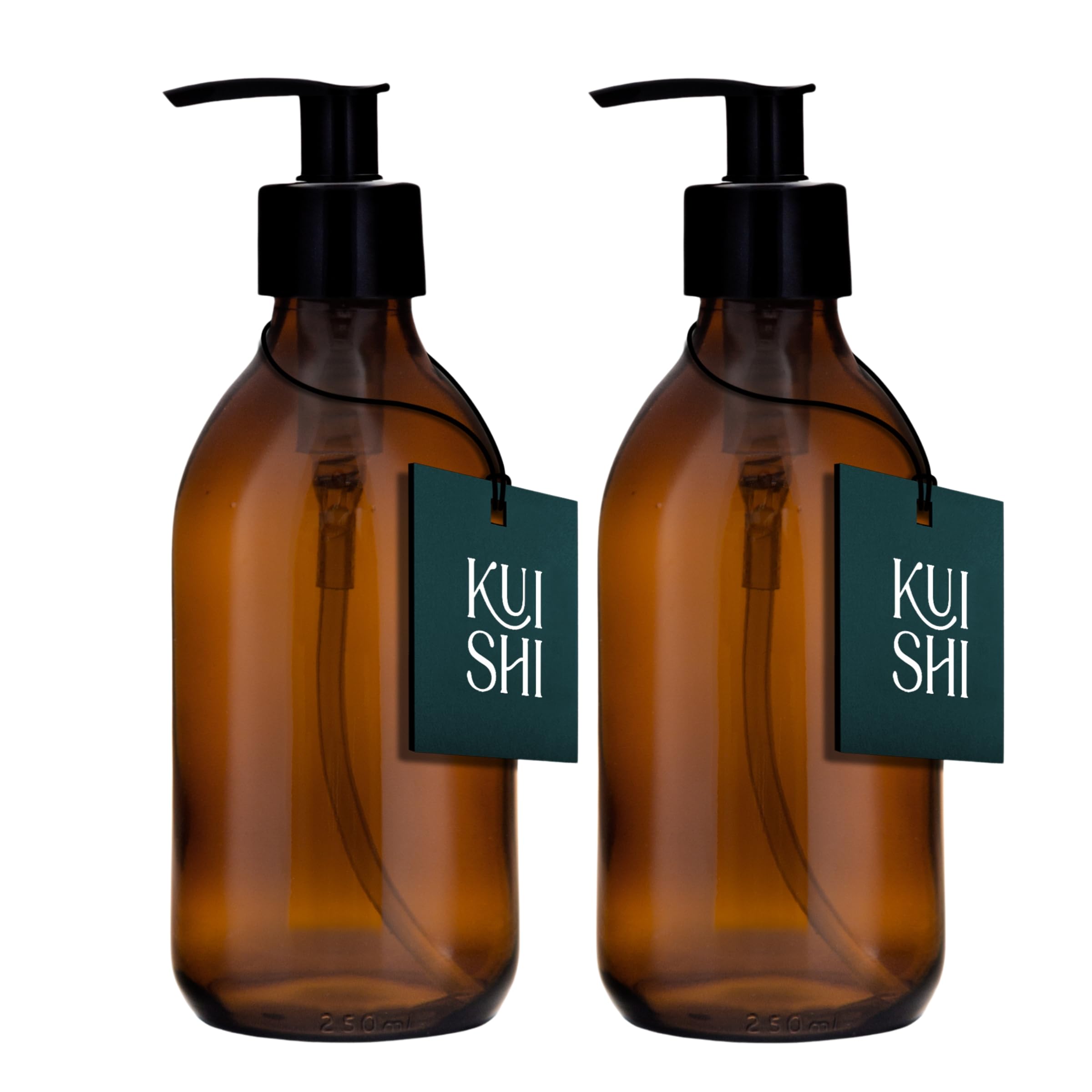 Kuishi Amber 250Ml Glass Soap Dispenser With Black Plastic Pump - Pack Of 2 Refillable Bpa-Free Hand Soap Dispenser For Kitchen & Bathroom,