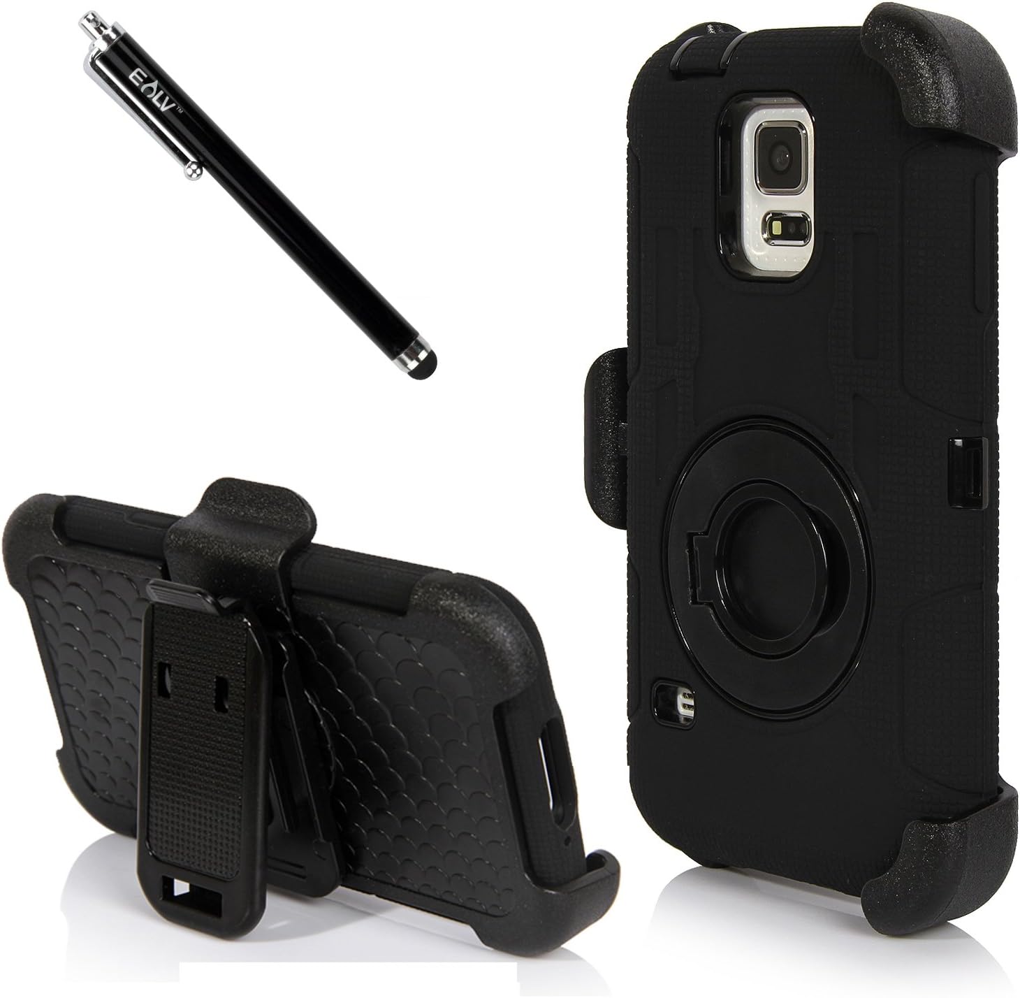 E LV Hybrid Full-body Protective Case Bundle with 1 HD Screen Protector, 1 Stylus and 1 Microfiber Digital Cleaner for Galaxy S5 / Galaxy SV/ Galaxy i9600 (Solid Black)