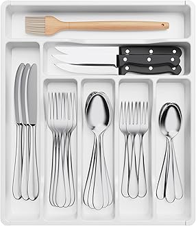 Lifewit Silverware Drawer Organizer Tray, Plastic Cutlery Storage for Kitchen Drawer, Flatware and Utensil Holder Divider for Spoons Forks Knives Tableware, 7 Compartment, White
