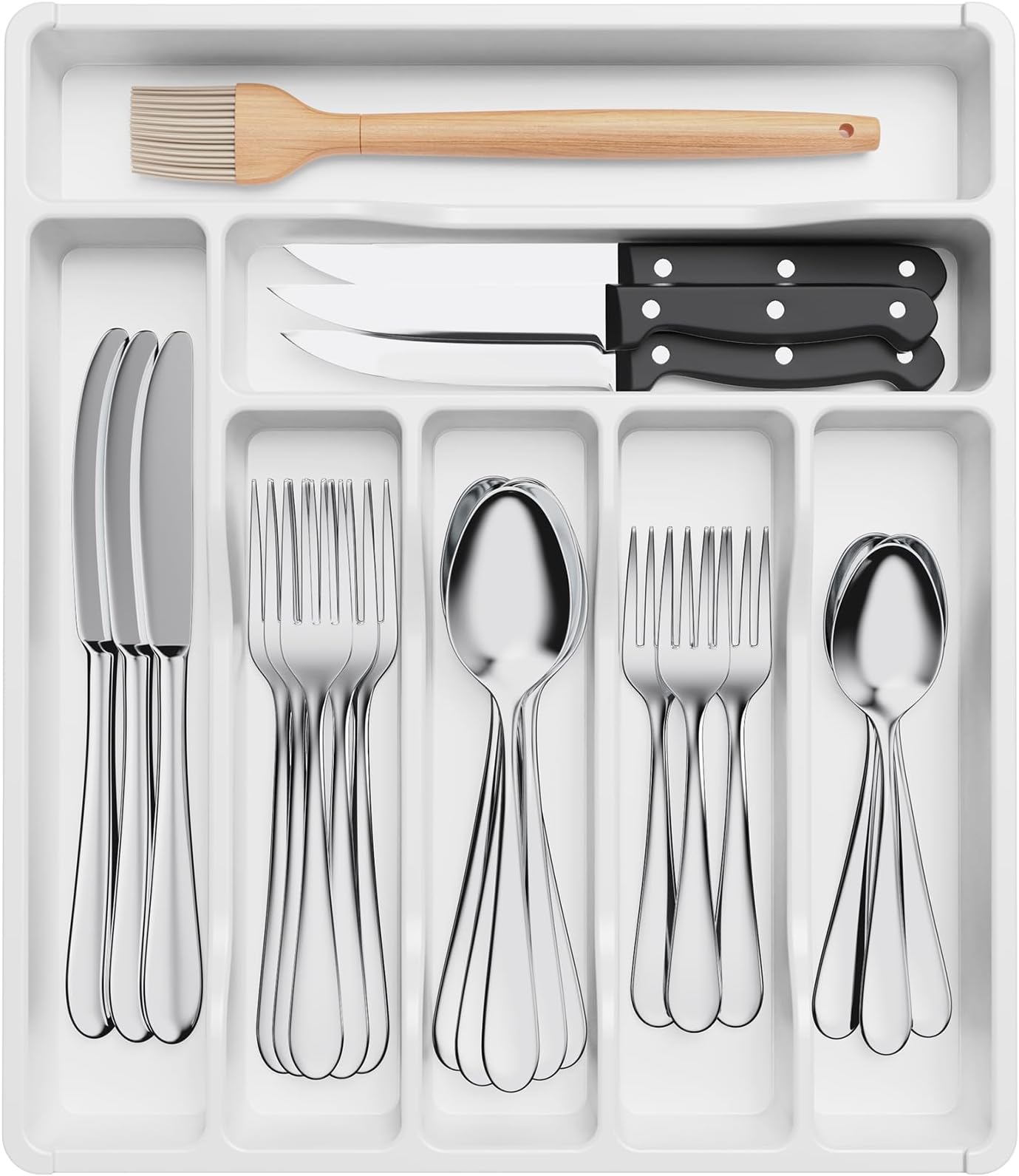 Lifewit Cutlery Drawer Organiser, Plastic Cutlery Tray for Kitchen Drawer, Utensil Flatware Silverware Holder Divider for Spoons Forks Knives Tableware, 7 Compartment, White
