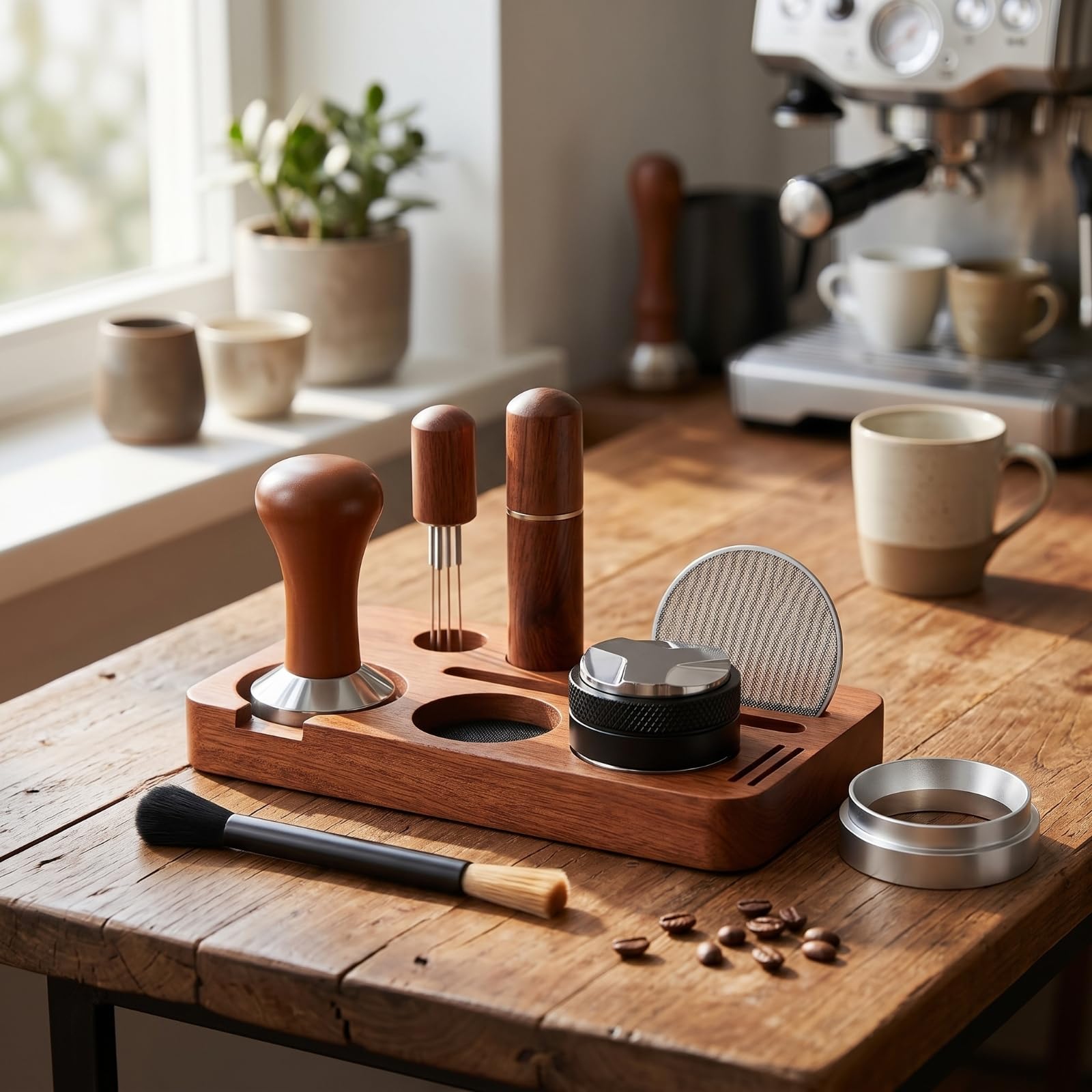 Colcolo Equipo de de Café Estación para Accesorios Espresso Kit Distribuidor Embudo Portafiltro Pantalla Puck Herramienta Pin Cepillo Profesional Madera Metal Adecuado para Oficina