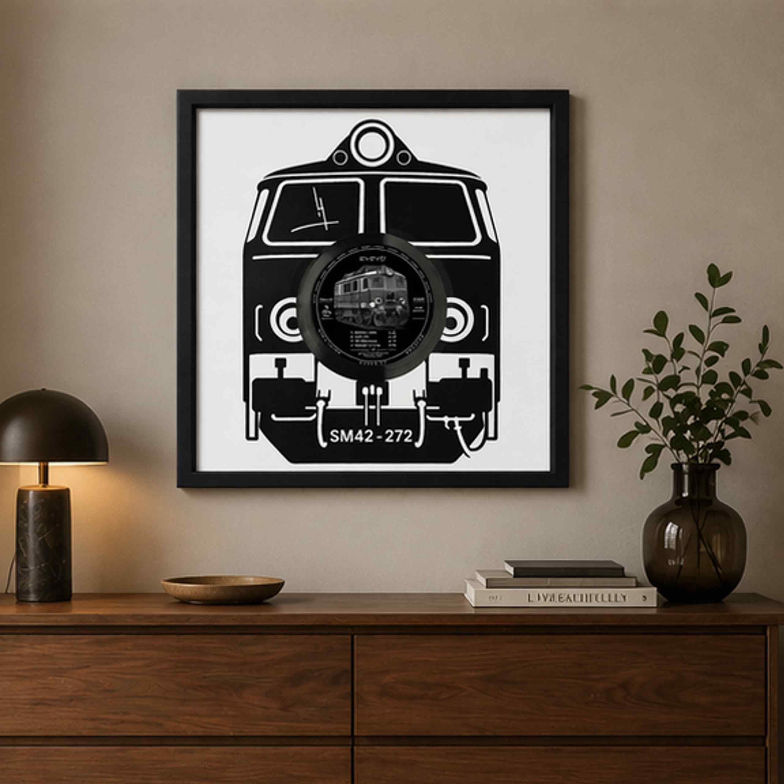 EVEVO Decorazione da parete in vinile con cornice, 32 x 32 cm, treno, decorazione da parete in vinile, motivo: loco a vapore, regalo per appassionati e collezionisti di ferrovie