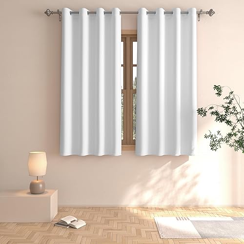 UPOPO White Curtains 48 inches Long Room Darkening Window Curtain Panels Living Room Grommet Top Thermal Insulated Drapes Kitchen Bedroom Bathroom Basement 2 Panels 52"x48"