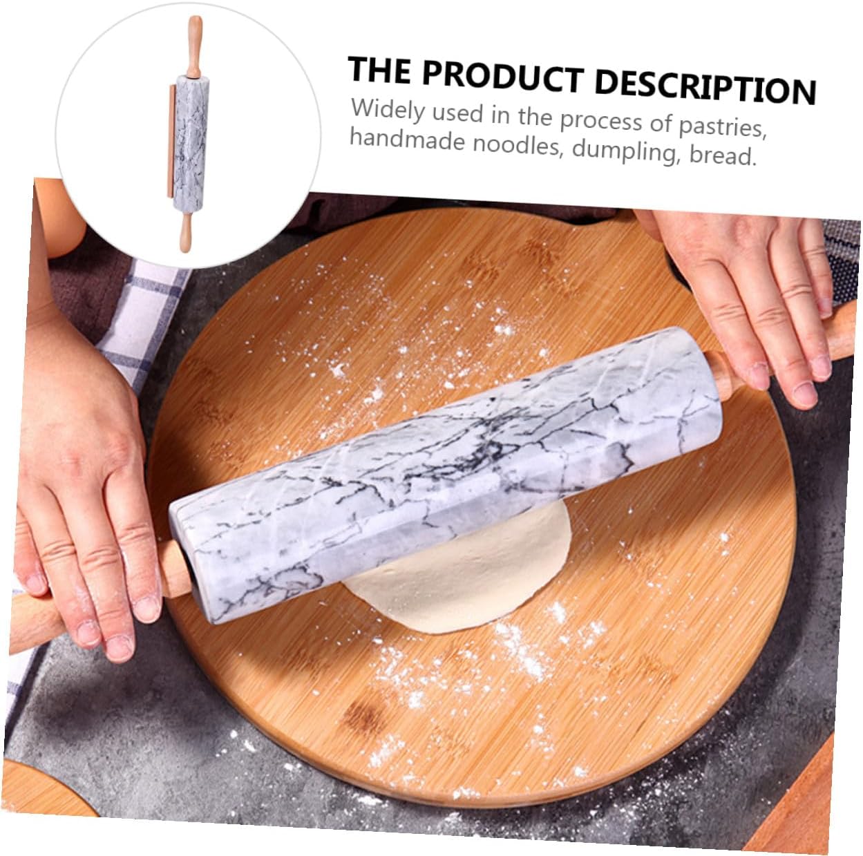 Zerodeko Chic Marble Rolling Pin with Wooden Handles Non-stick Dough Roller Baking Stick for Kitchen Pastry and Cookie Preparation